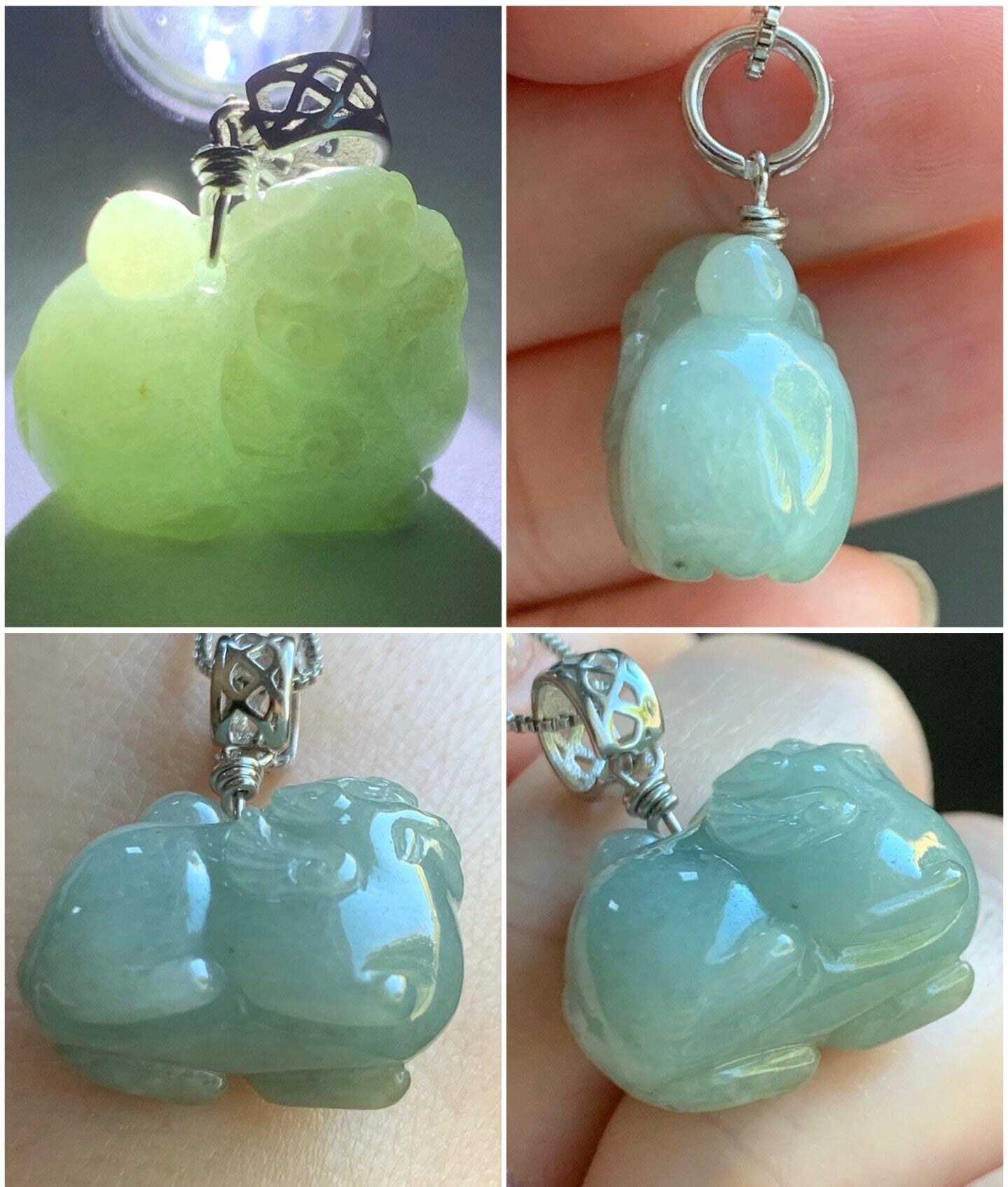 Natural Burmese Icy Translucent Dusty Light Green Jadeite Carved Flying Pixiu Pendant Sterling Silver Bail 天然缅甸冰暗绿翡翠飞天貔貅吊坠