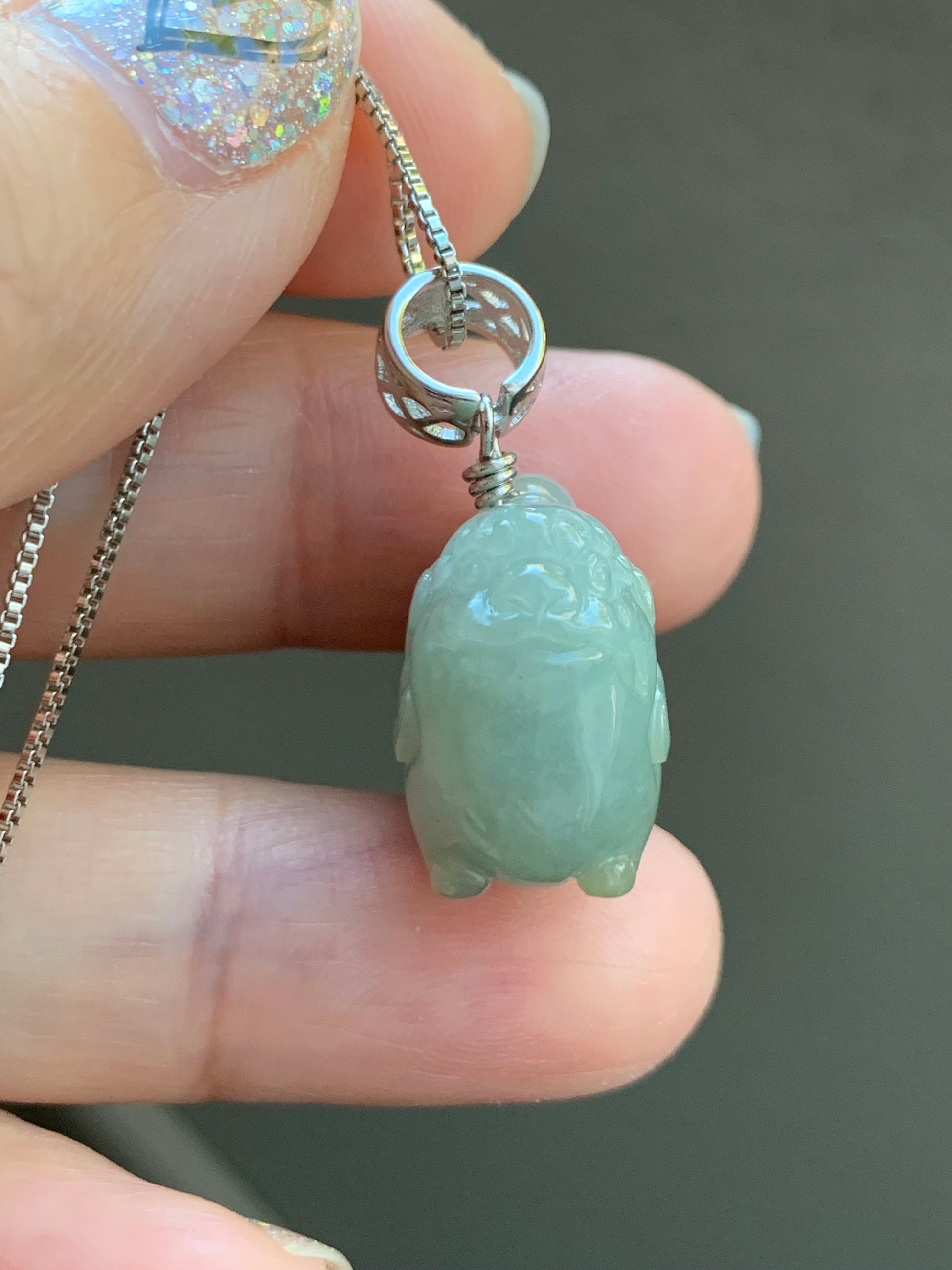 Natural Burmese Icy Translucent Dusty Light Green Jadeite Carved Flying Pixiu Pendant Sterling Silver Bail 天然缅甸冰暗绿翡翠飞天貔貅吊坠