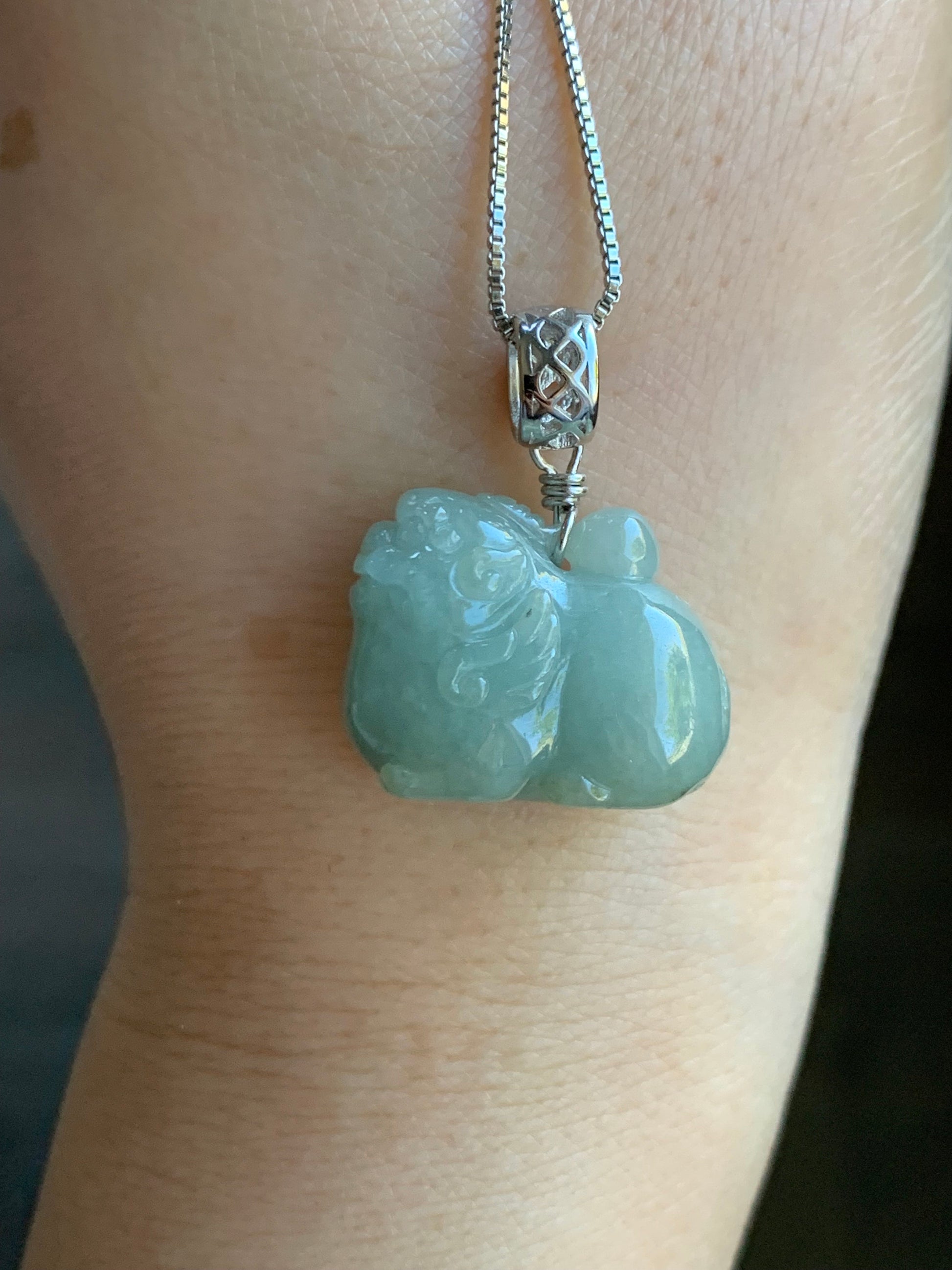 Natural Burmese Icy Translucent Dusty Light Green Jadeite Carved Flying Pixiu Pendant Sterling Silver Bail 天然缅甸冰暗绿翡翠飞天貔貅吊坠