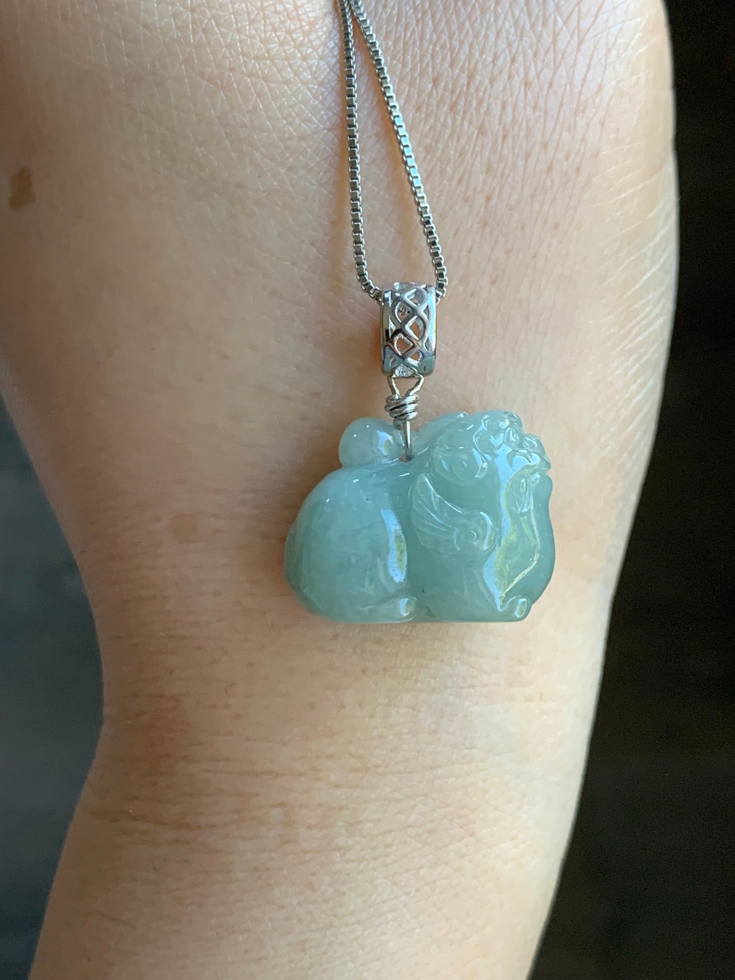 Natural Burmese Icy Translucent Dusty Light Green Jadeite Carved Flying Pixiu Pendant Sterling Silver Bail 天然缅甸冰暗绿翡翠飞天貔貅吊坠
