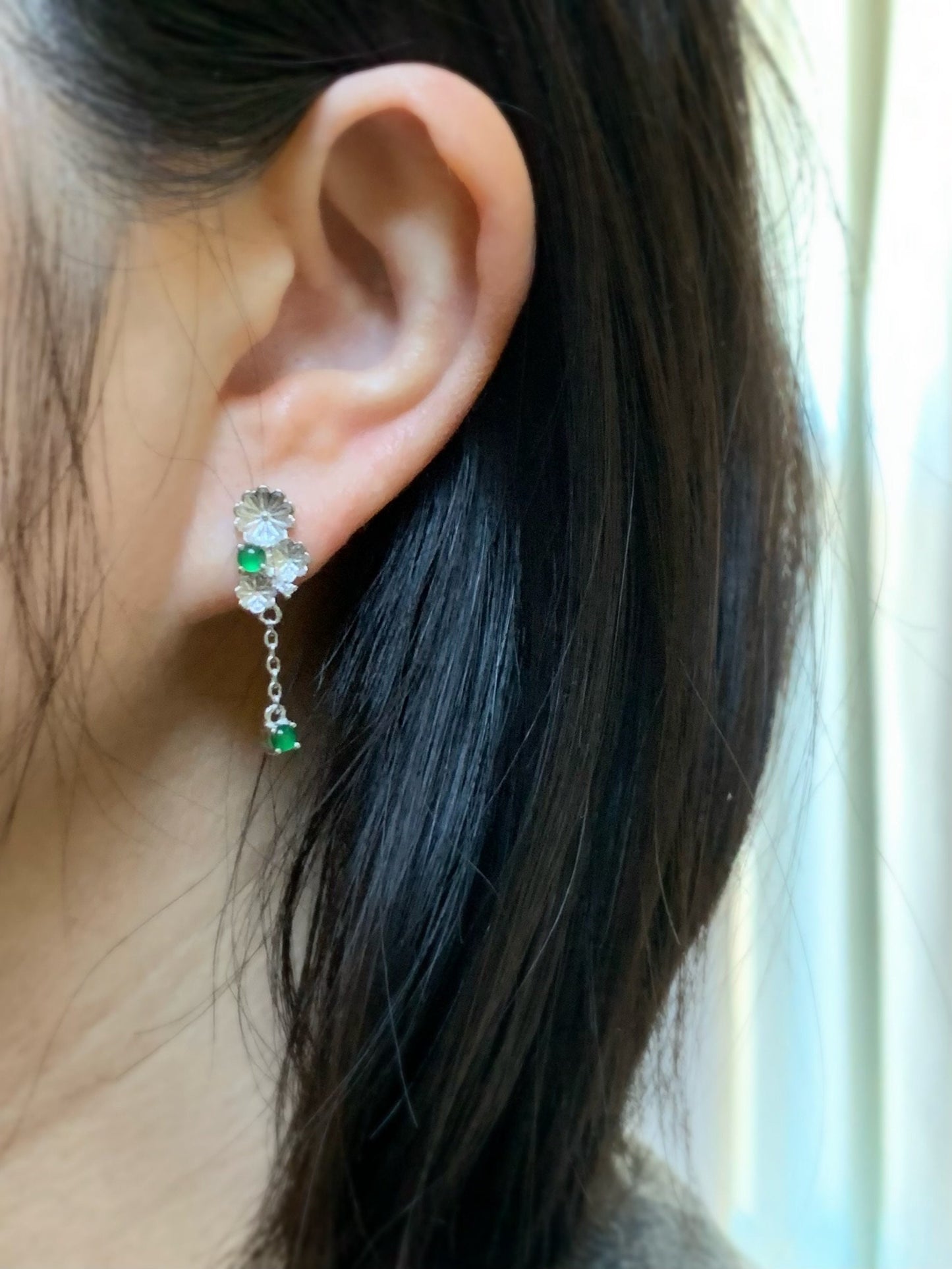 Natural Guatemalan Icy Highly Translucent Vibrant Green Jadeite Floral AB Design Stud Earrings Sterling Silver 天然冰危绿翡翠花花AB款银镶耳钉