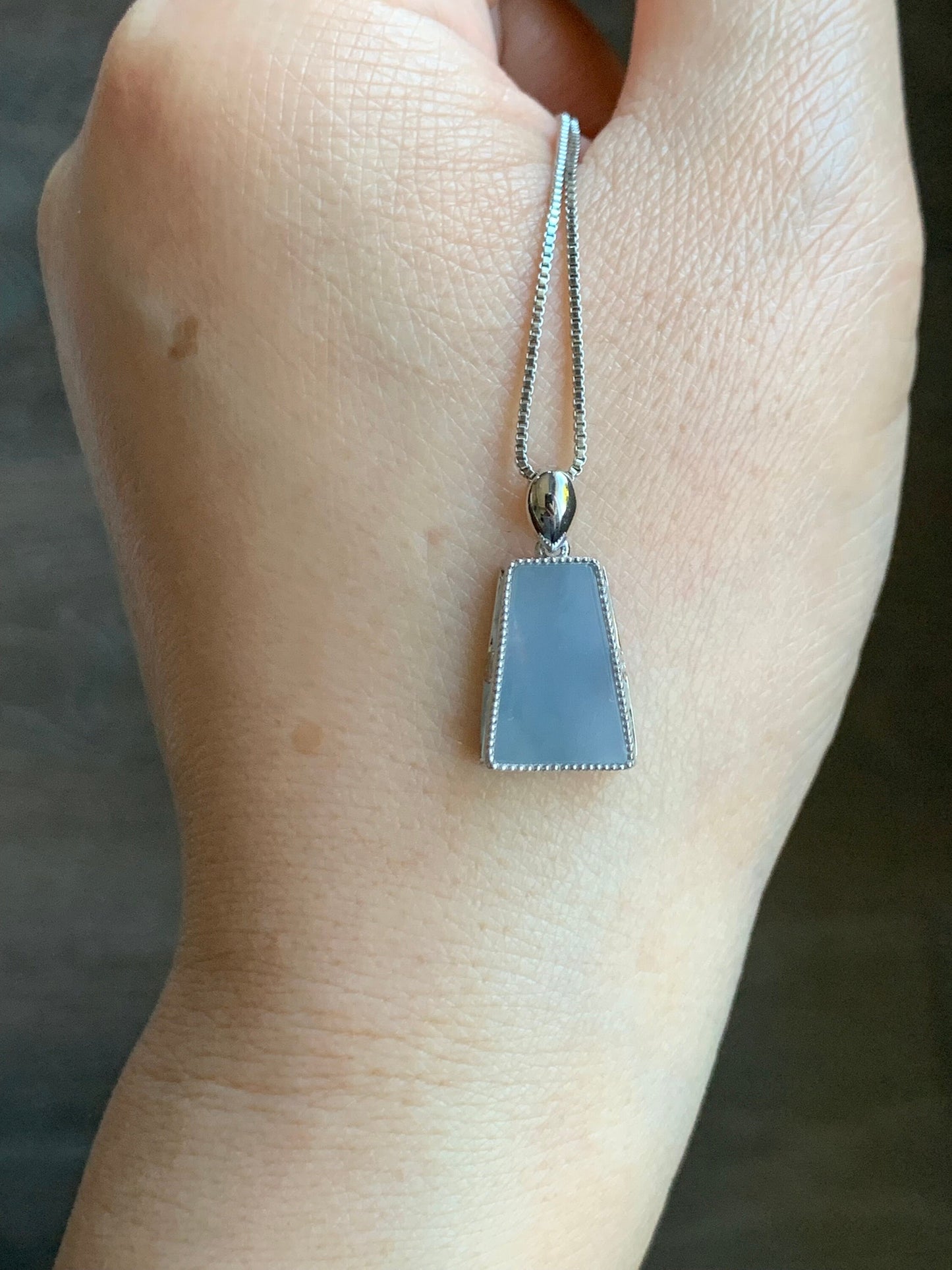 Certified Natural Burmese Icy Translucent Light Purplish Blue Jadeite Trapezoid Shaped Wu Shi Pai Pendant 18K White Gold 天然缅甸冰淡蓝紫翡翠梯形无事牌吊坠