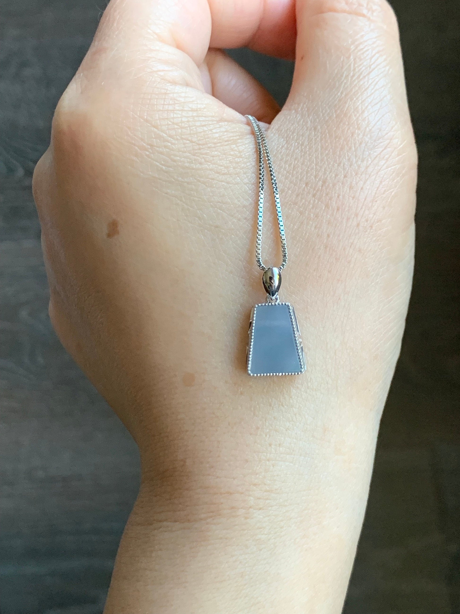 Certified Natural Burmese Icy Translucent Light Purplish Blue Jadeite Trapezoid Shaped Wu Shi Pai Pendant 18K White Gold 天然缅甸冰淡蓝紫翡翠梯形无事牌吊坠