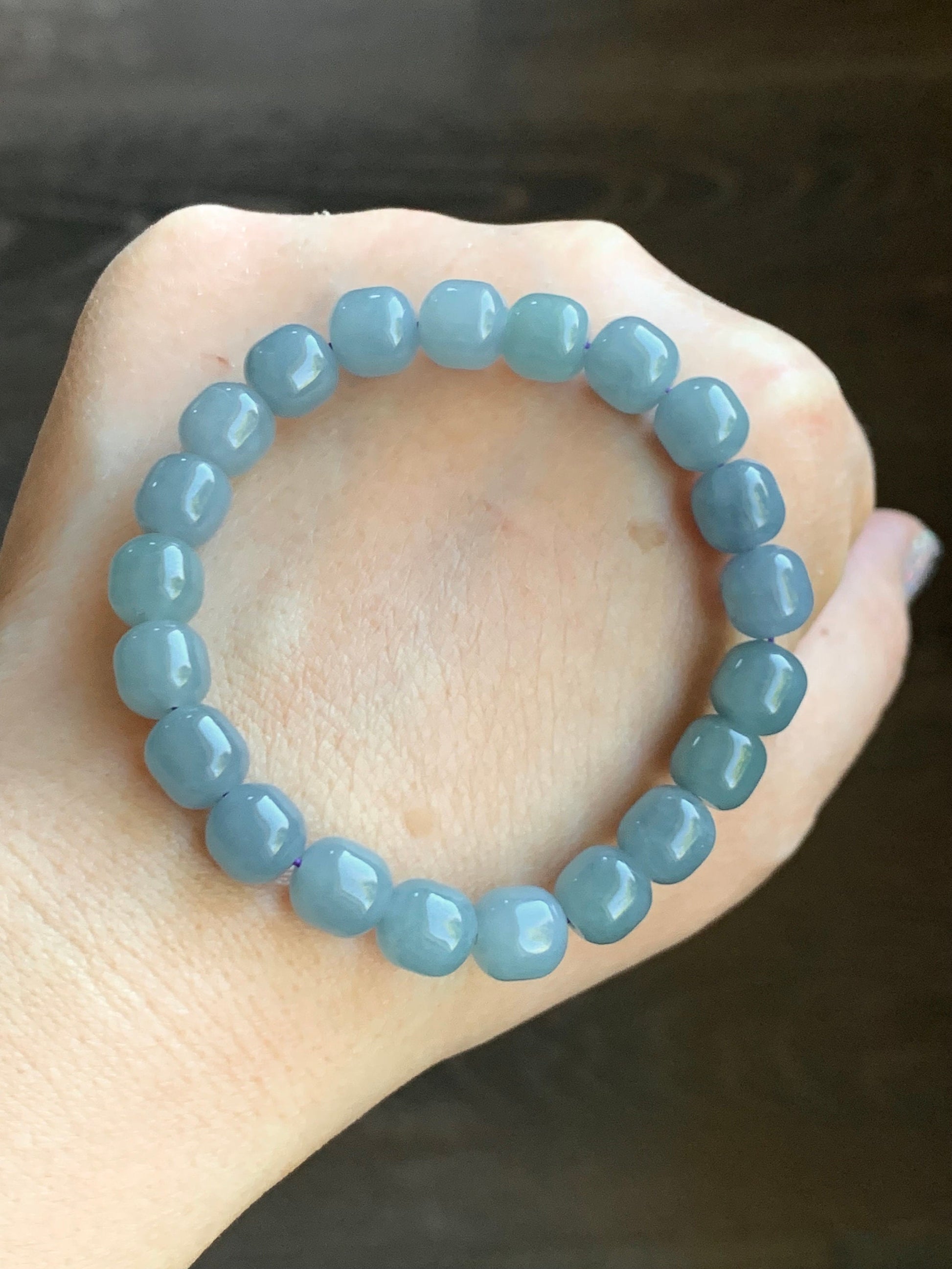 Natural Guatemalan Icy Translucent Light Dusty Blue Jadeite Apple Beads Beaded Bracelet Stretchy 6.75” 24g 天然冰危蓝水翡翠苹果珠手串 WLG675