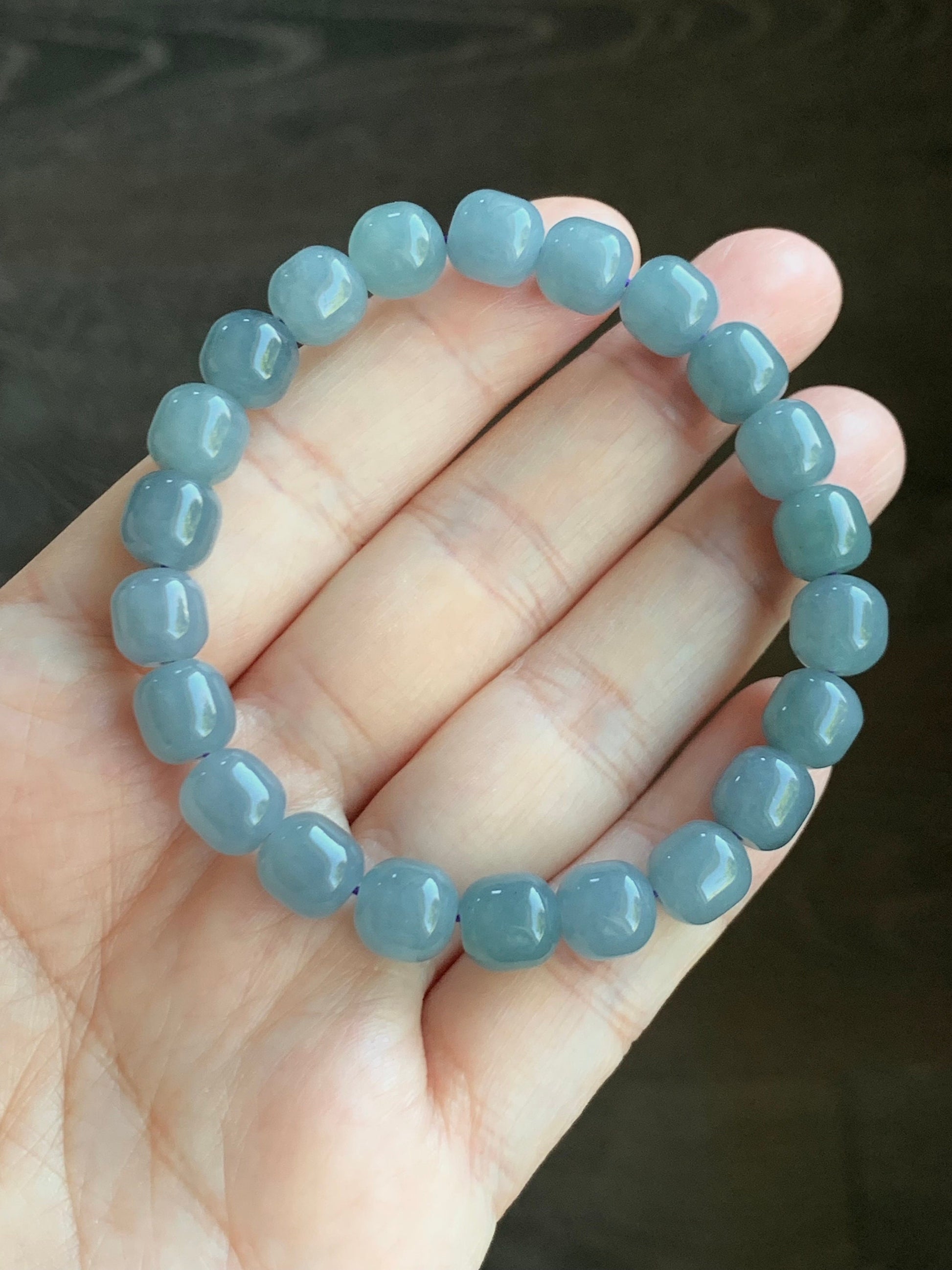Natural Guatemalan Icy Translucent Light Dusty Blue Jadeite Apple Beads Beaded Bracelet Stretchy 6.75” 24g 天然冰危蓝水翡翠苹果珠手串 WLG675