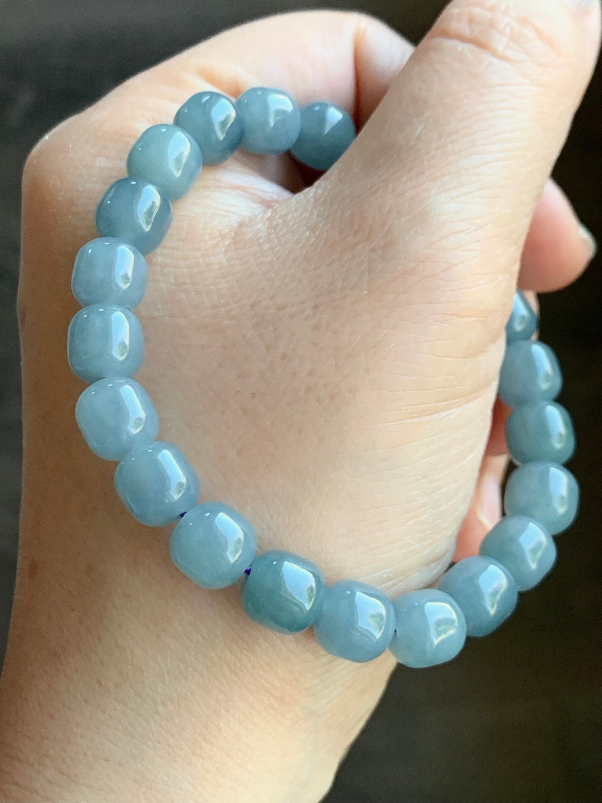 Natural Guatemalan Icy Translucent Light Dusty Blue Jadeite Apple Beads Beaded Bracelet Stretchy 6.75” 24g 天然冰危蓝水翡翠苹果珠手串 WLG675