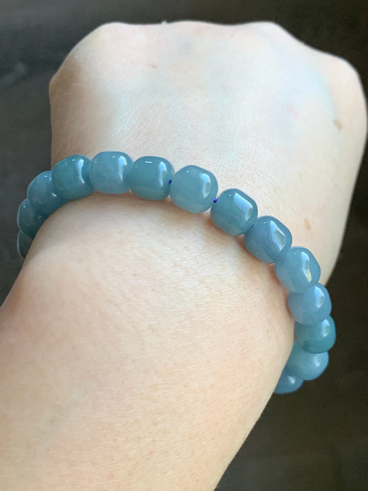 Natural Guatemalan Icy Translucent Light Dusty Blue Jadeite Apple Beads Beaded Bracelet Stretchy 6.75” 24g 天然冰危蓝水翡翠苹果珠手串 WLG675