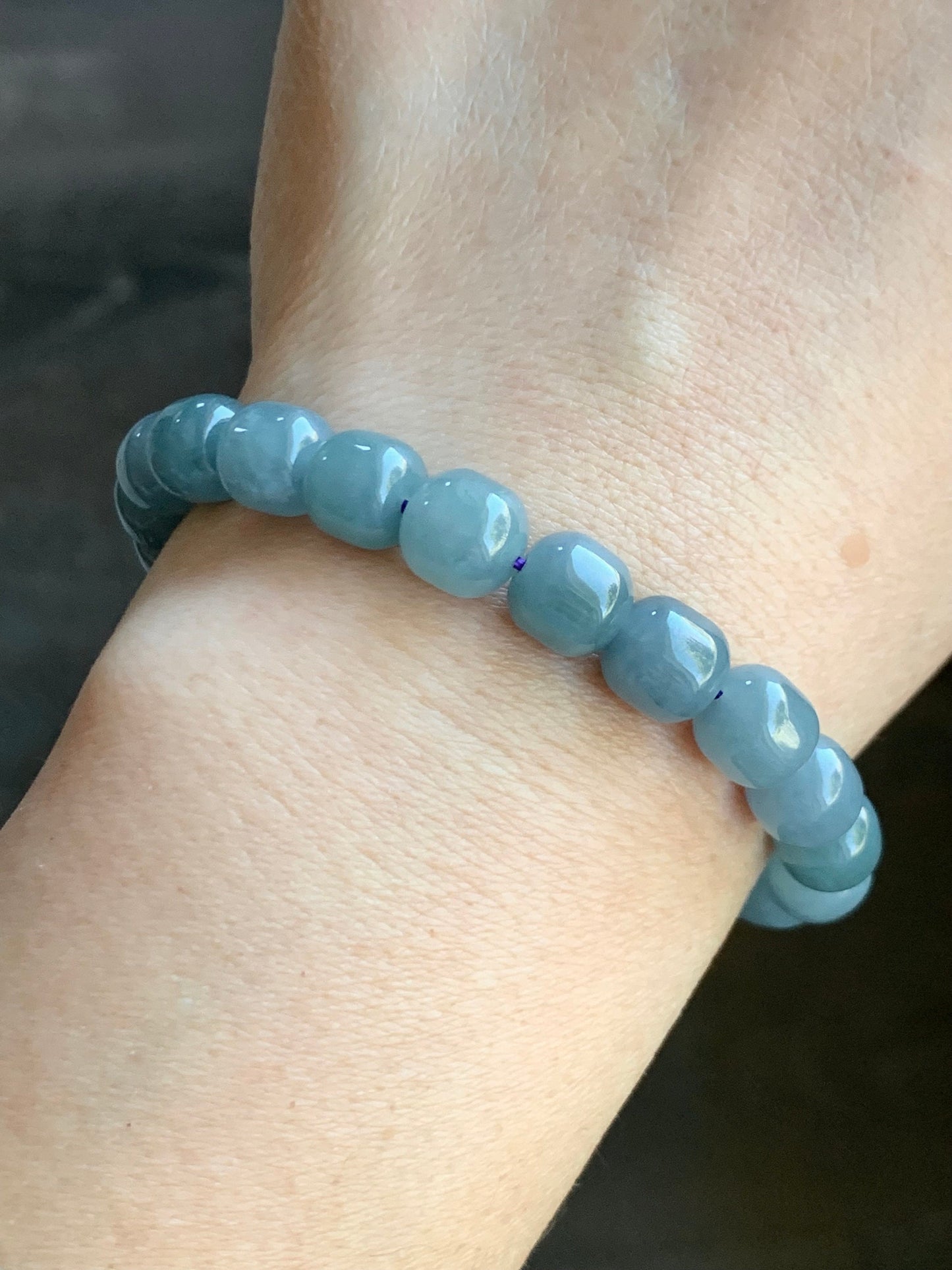 Natural Guatemalan Icy Translucent Light Dusty Blue Jadeite Apple Beads Beaded Bracelet Stretchy 6.75” 24g 天然冰危蓝水翡翠苹果珠手串 WLG675