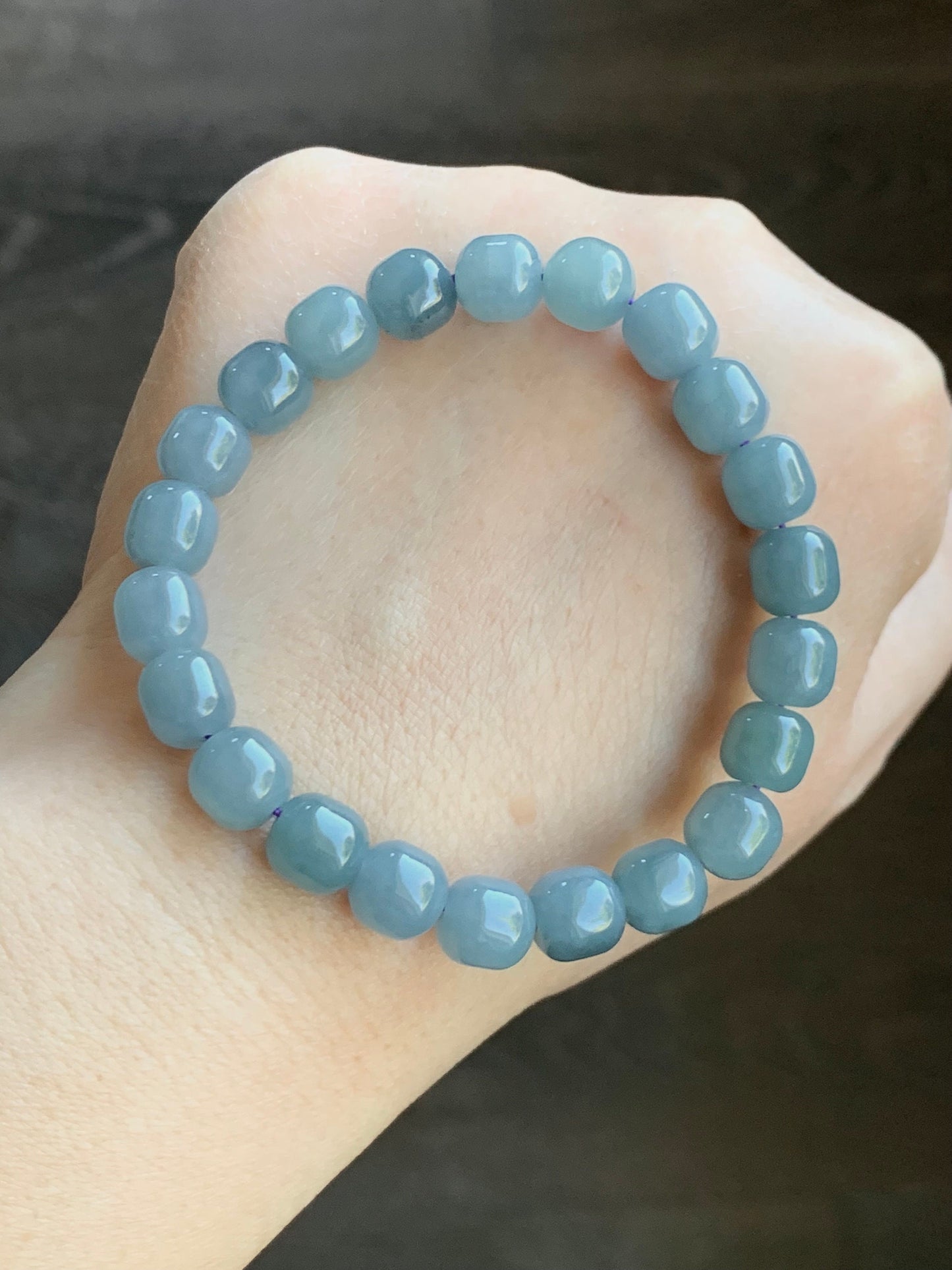 Natural Guatemalan Icy Translucent Light Dusty Blue Jadeite Apple Beads Beaded Bracelet Stretchy 6.75” 24g 天然冰危蓝水翡翠苹果珠手串 WLG675