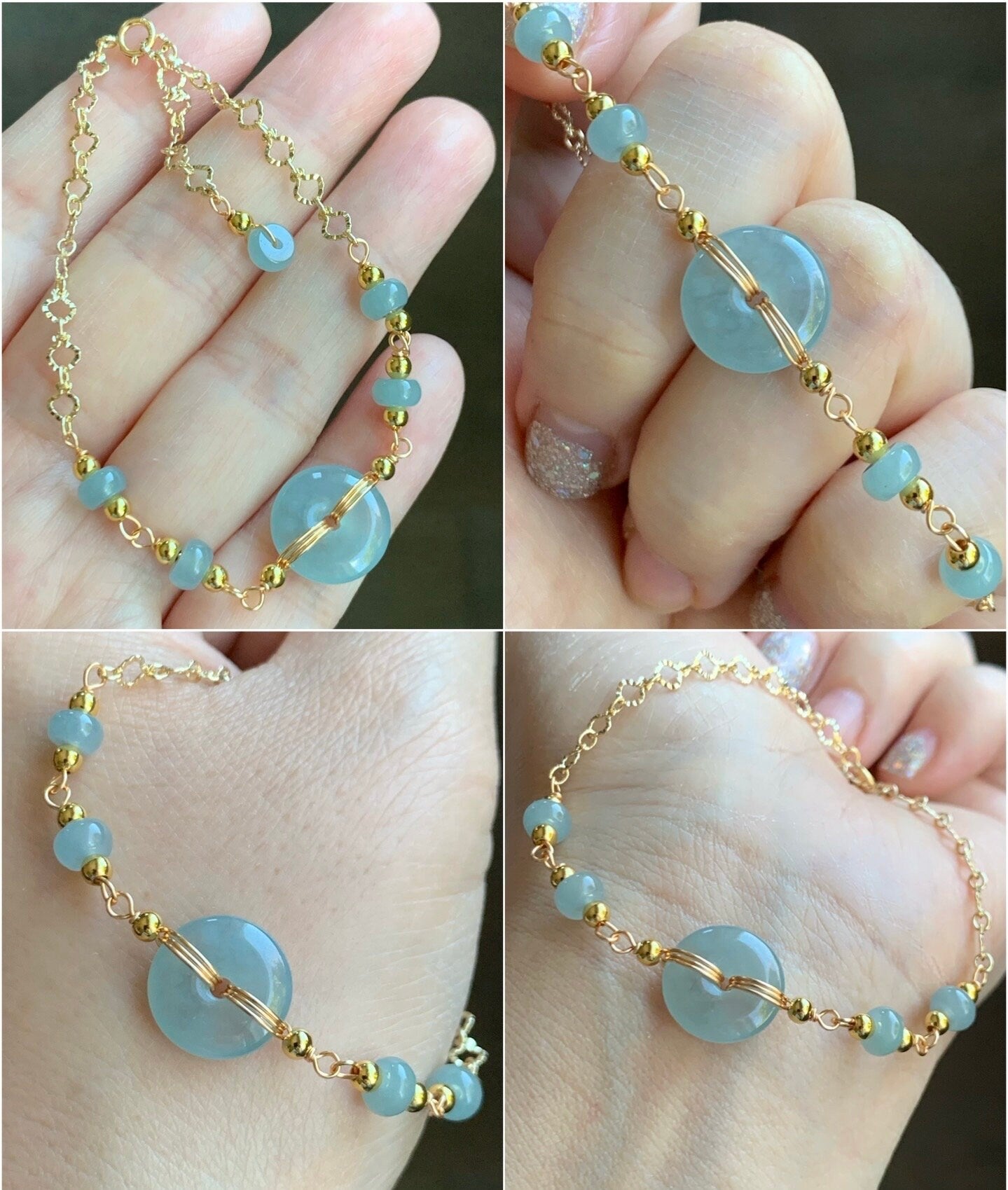 Natural Guatemalan Icy Translucent Light Blue Jadeite Ping An Kou Donut Chain Bracelet 14K Gold Plated Adjustable 7.75” 天然冰危蓝翡翠平安扣14K包金手链