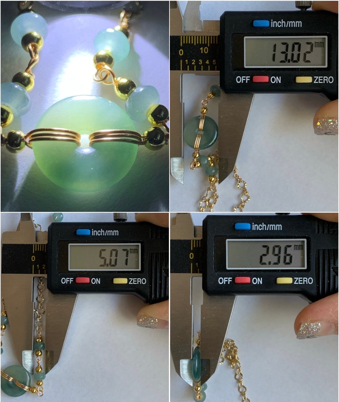 Natural Guatemalan Icy Translucent Light Blue Jadeite Ping An Kou Donut Chain Bracelet 14K Gold Plated Adjustable 7.75” 天然冰危蓝翡翠平安扣14K包金手链
