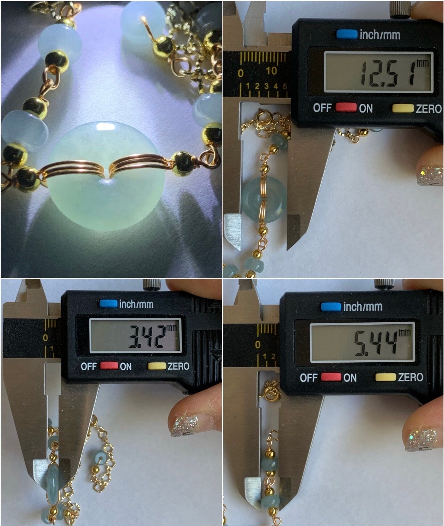 Natural Guatemalan Icy Translucent Light Blue Jadeite Ping An Kou Donut Chain Bracelet 14K Gold Plated Adjustable 7.75” 天然冰危蓝翡翠平安扣14K包金手链