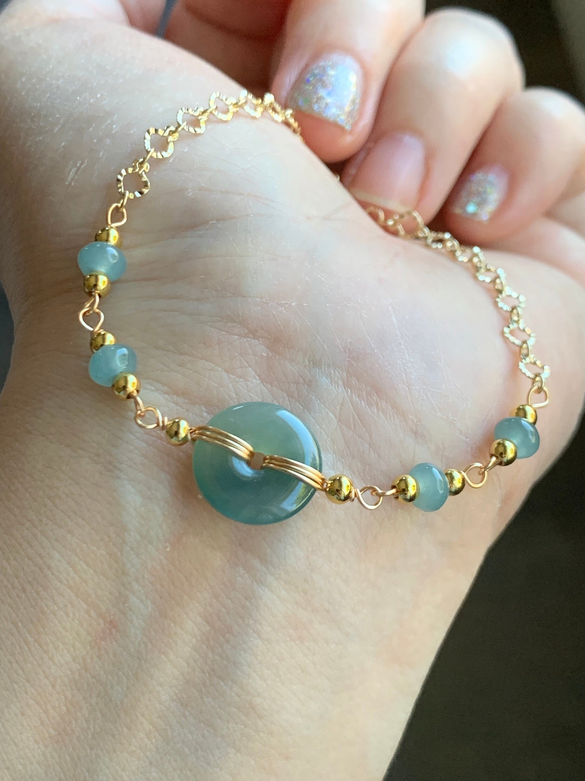 Natural Guatemalan Icy Translucent Light Blue Jadeite Ping An Kou Donut Chain Bracelet 14K Gold Plated Adjustable 7.75” 天然冰危蓝翡翠平安扣14K包金手链