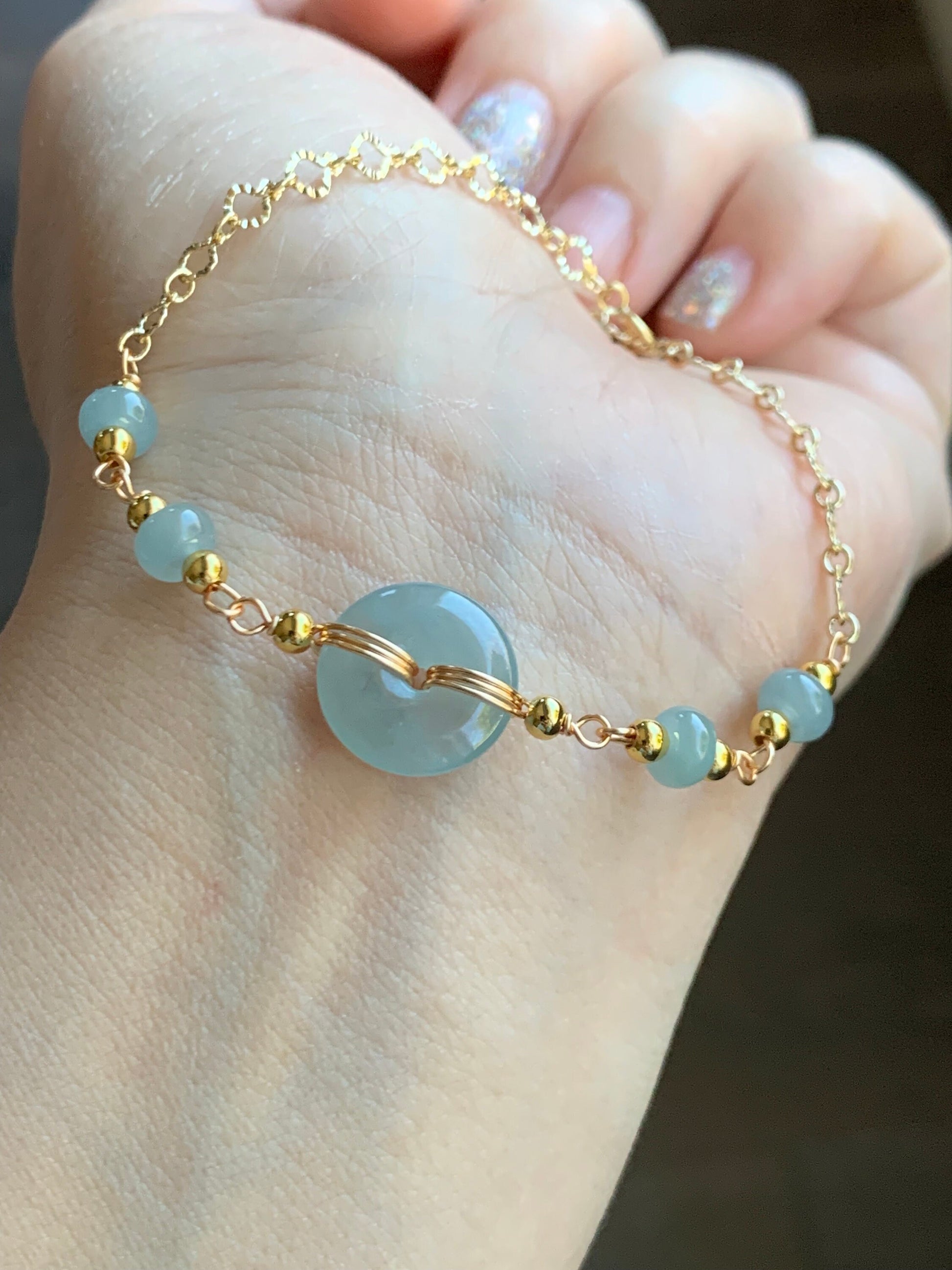 Natural Guatemalan Icy Translucent Light Blue Jadeite Ping An Kou Donut Chain Bracelet 14K Gold Plated Adjustable 7.75” 天然冰危蓝翡翠平安扣14K包金手链