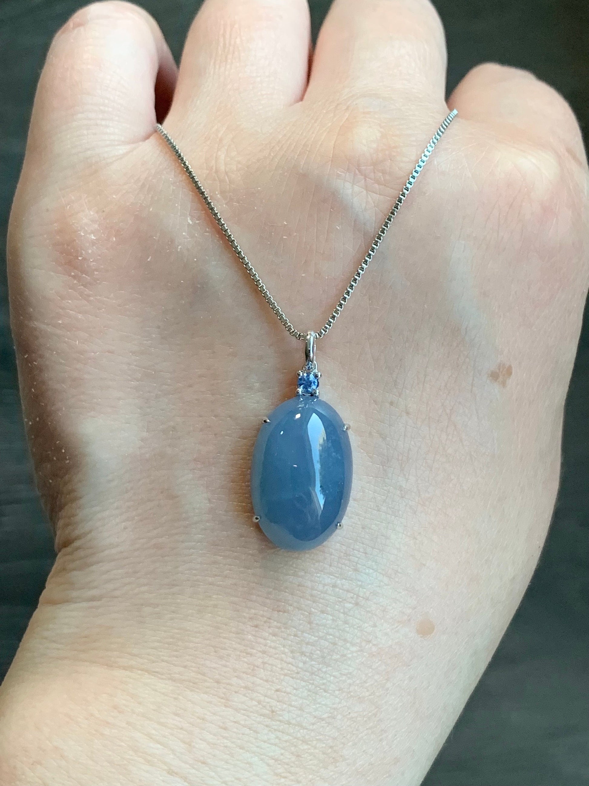 Certified Natural Guatemalan Icy Translucent Rich Purplish Blue Jadeite Large Pendant 18K White Gold & Blue Sapphire 天然冰危蓝紫翡翠蛋面蓝宝石镶嵌吊坠 7053