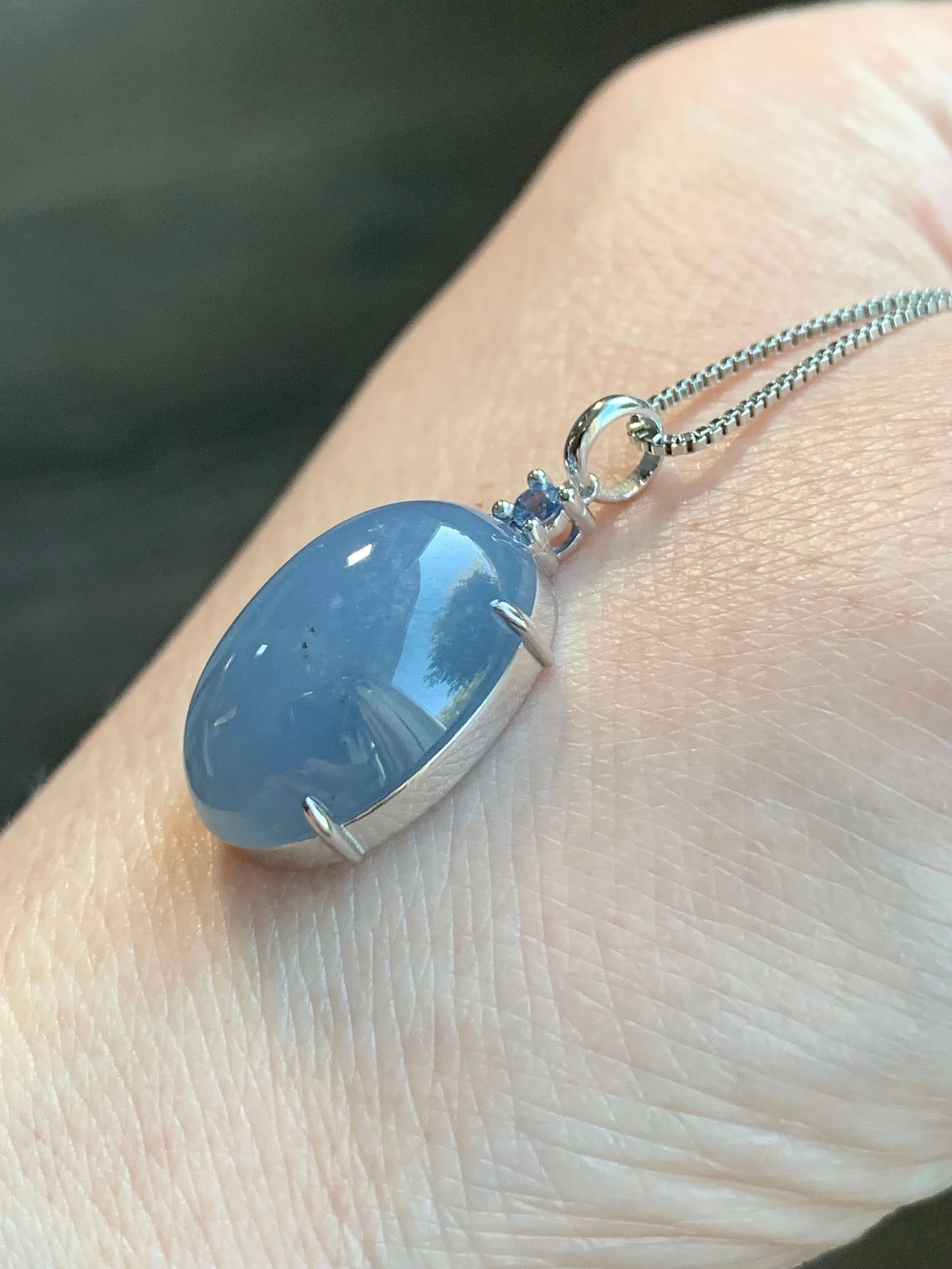Certified Natural Guatemalan Icy Translucent Rich Purplish Blue Jadeite Large Pendant 18K White Gold & Blue Sapphire 天然冰危蓝紫翡翠蛋面蓝宝石镶嵌吊坠 7053