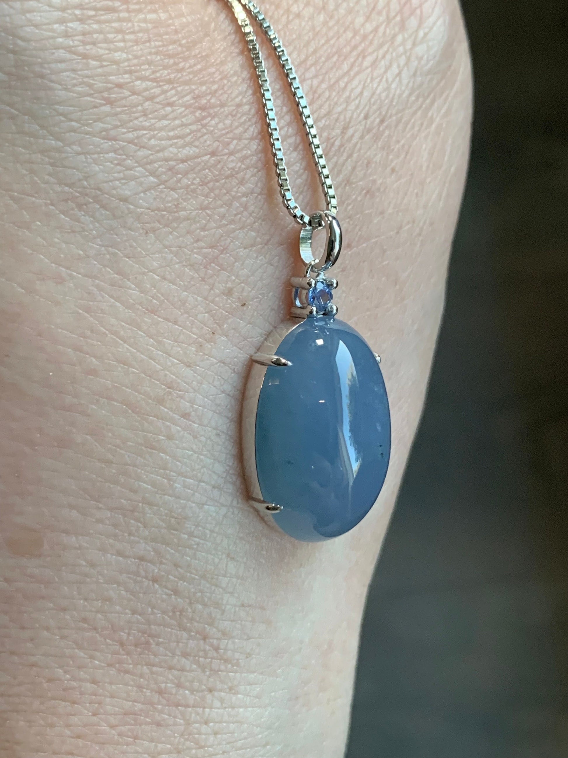 Certified Natural Guatemalan Icy Translucent Rich Purplish Blue Jadeite Large Pendant 18K White Gold & Blue Sapphire 天然冰危蓝紫翡翠蛋面蓝宝石镶嵌吊坠 7053
