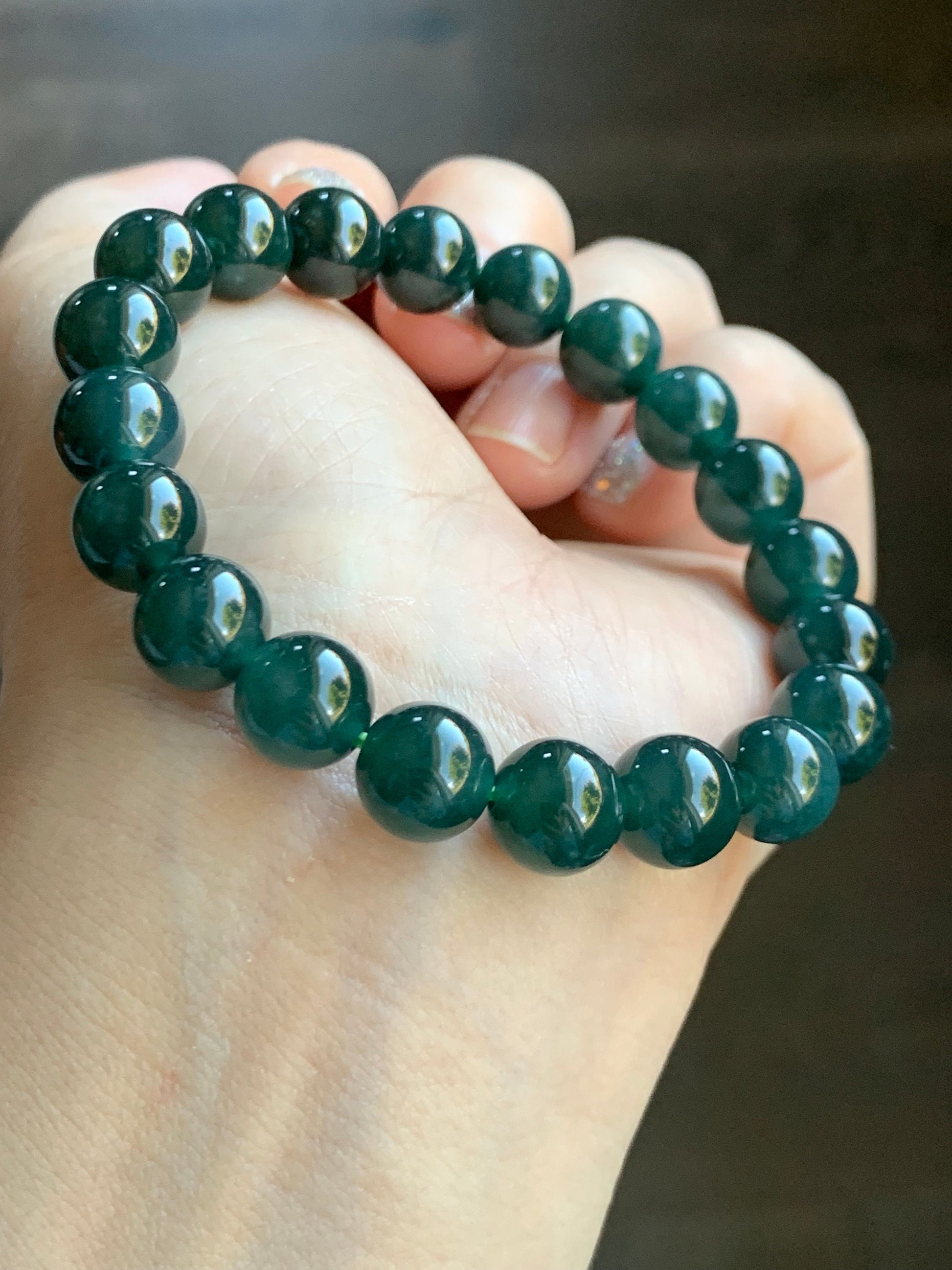 Natural Guatemalan Grade A Icy Translucent Deep Teal Blue Jadeite Beaded Bracelet Stretchy 9.5mm 6.75" 31g 天然冰危深蓝绿翡翠大卡手串 SWL315