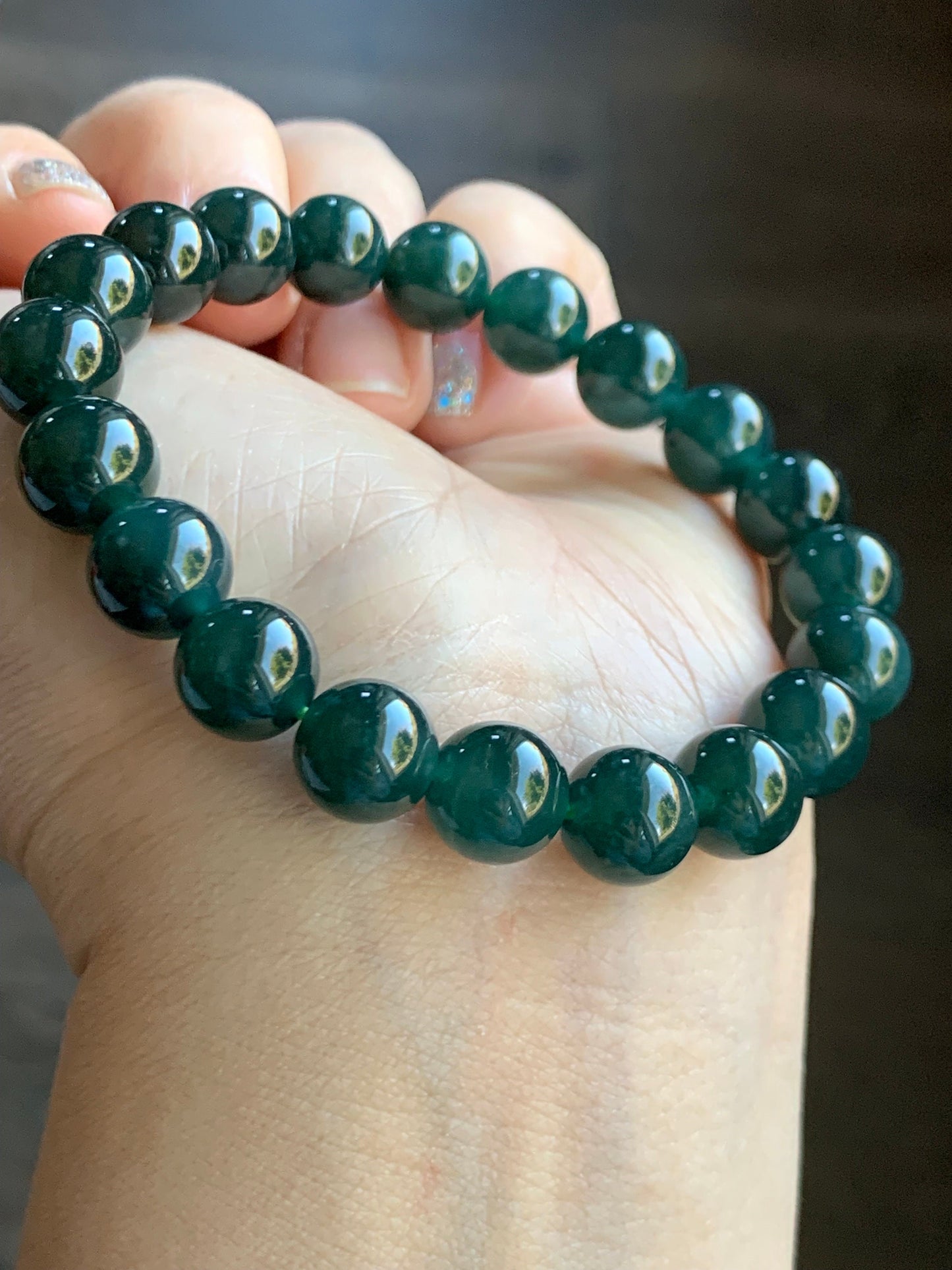 Natural Guatemalan Grade A Icy Translucent Deep Teal Blue Jadeite Beaded Bracelet Stretchy 9.5mm 6.75" 31g 天然冰危深蓝绿翡翠大卡手串 SWL315
