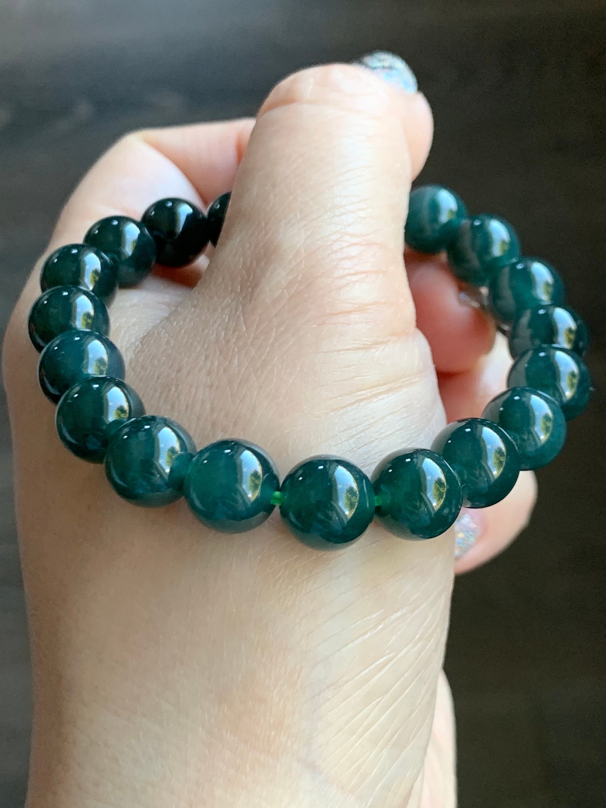 Natural Guatemalan Grade A Icy Translucent Deep Teal Blue Jadeite Beaded Bracelet Stretchy 9.5mm 6.75" 31g 天然冰危深蓝绿翡翠大卡手串 SWL315