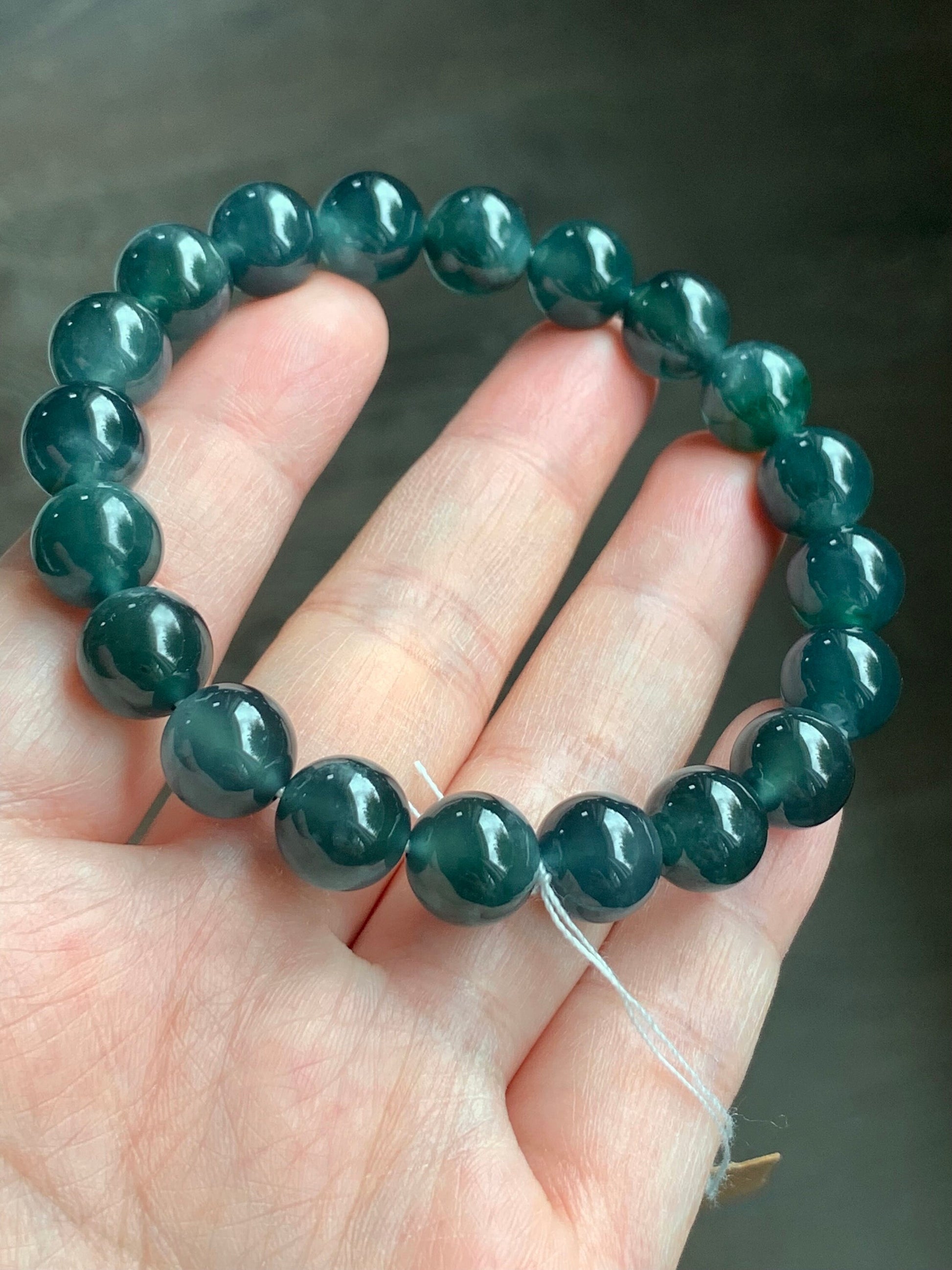 Certified Natural Guatemalan Icy Highly Translucent Dark Indigo Blue Jadeite Beaded Bracelet 10mm 7.5” 35.6g 天然老种冰危深蓝翡翠圆珠手串 7086