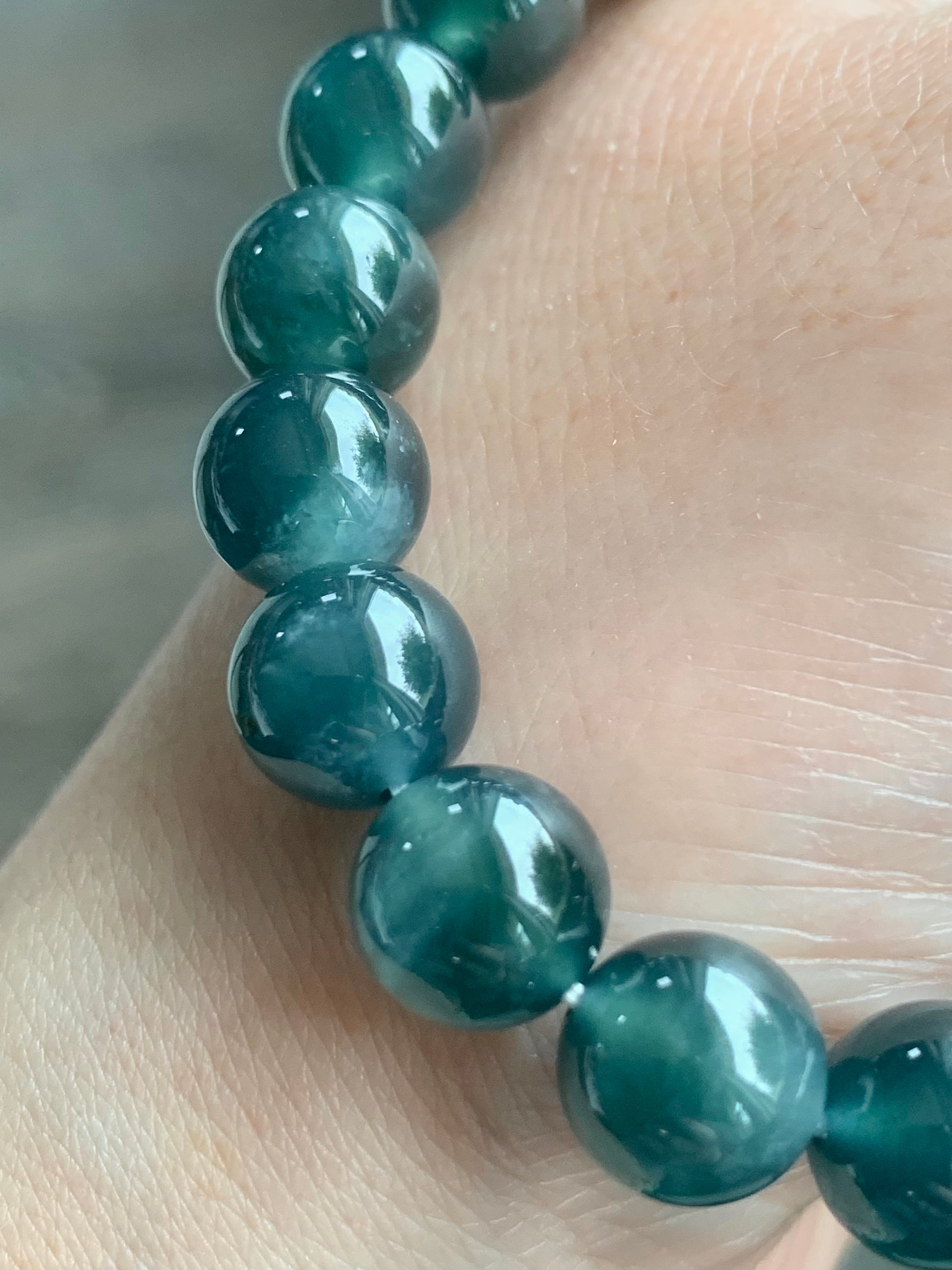 Certified Natural Guatemalan Icy Highly Translucent Dark Indigo Blue Jadeite Beaded Bracelet 10mm 7.5” 35.6g 天然老种冰危深蓝翡翠圆珠手串 7086