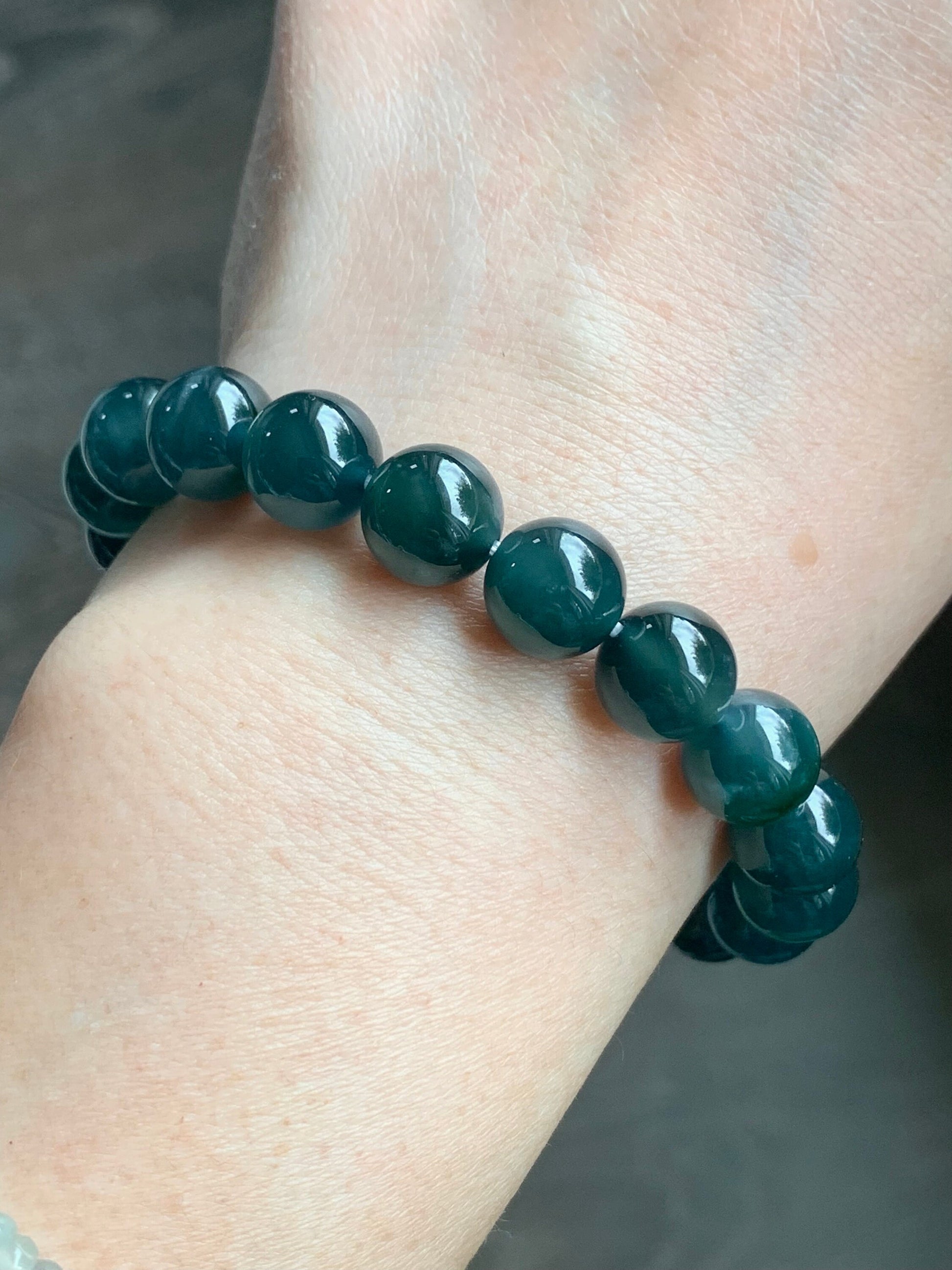 Certified Natural Guatemalan Icy Highly Translucent Dark Indigo Blue Jadeite Beaded Bracelet 10mm 7.5” 35.6g 天然老种冰危深蓝翡翠圆珠手串 7086