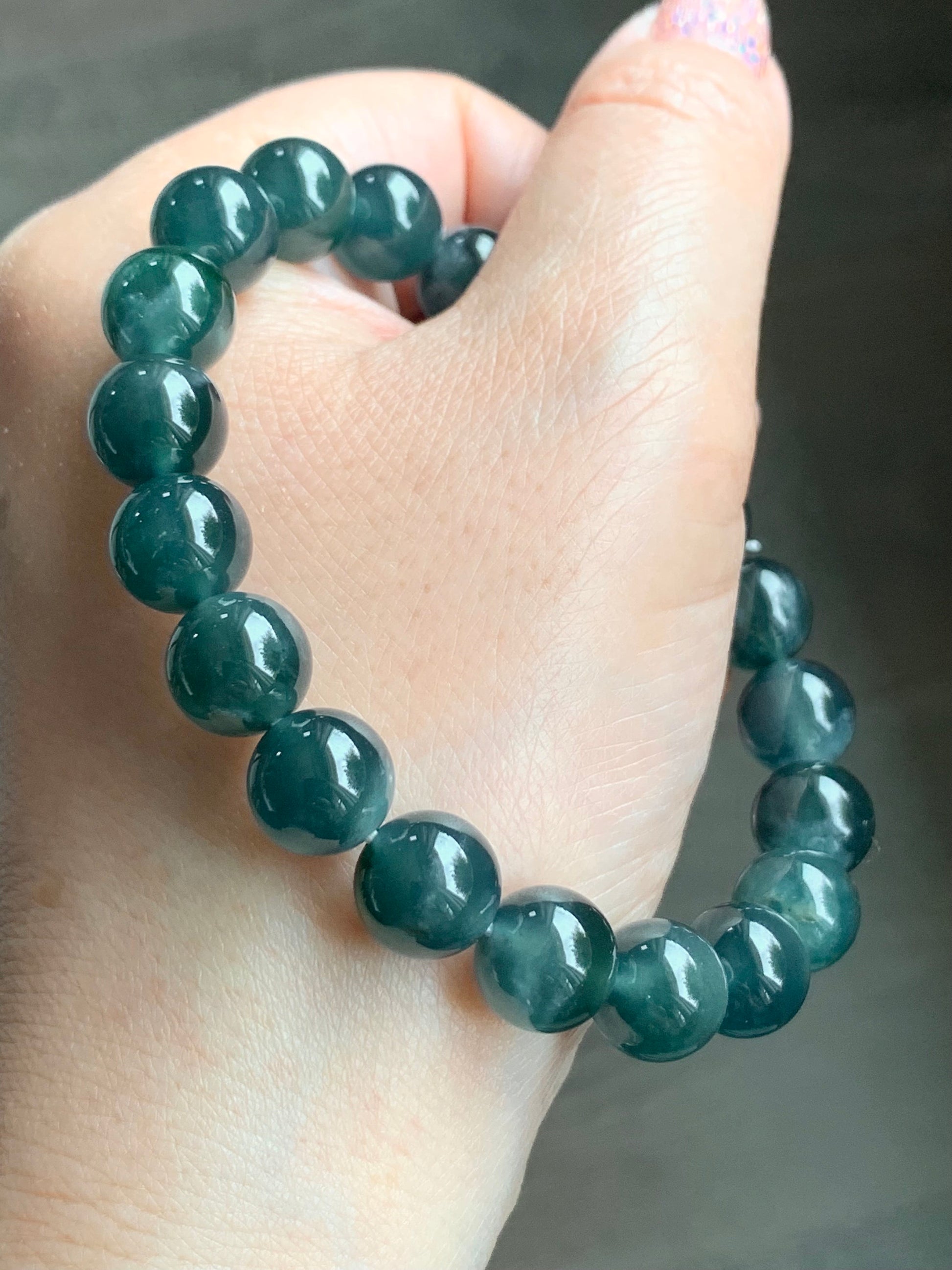 Certified Natural Guatemalan Icy Highly Translucent Dark Indigo Blue Jadeite Beaded Bracelet 10mm 7.5” 35.6g 天然老种冰危深蓝翡翠圆珠手串 7086