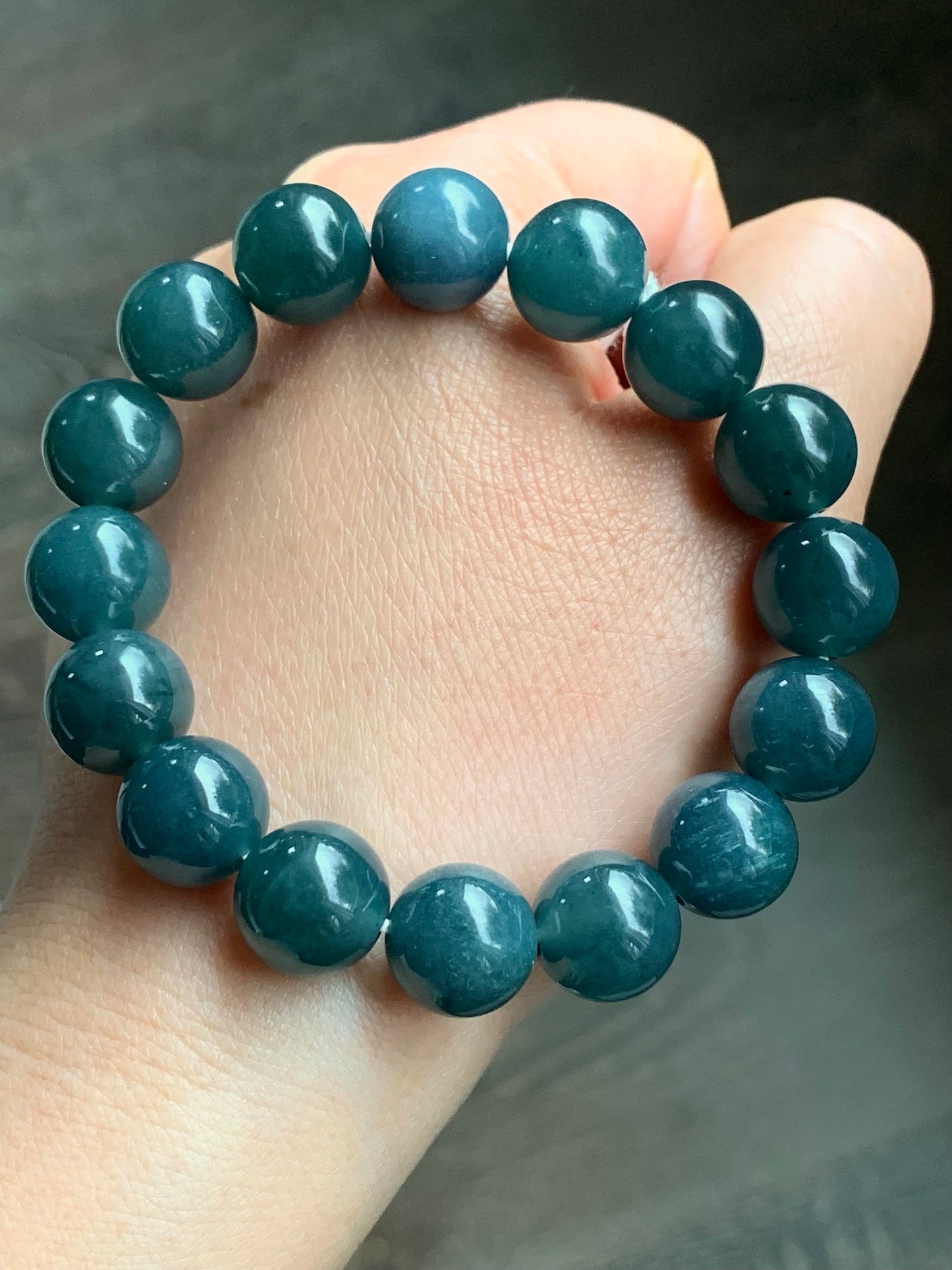 Certified Natural Guatemalan Icy Translucent Deep Blue Jadeite Large Beads Beaded Bracelet 12.3mm 7.25” 52g 天然老种冰危深蓝翡翠大卡圆珠手串 7087