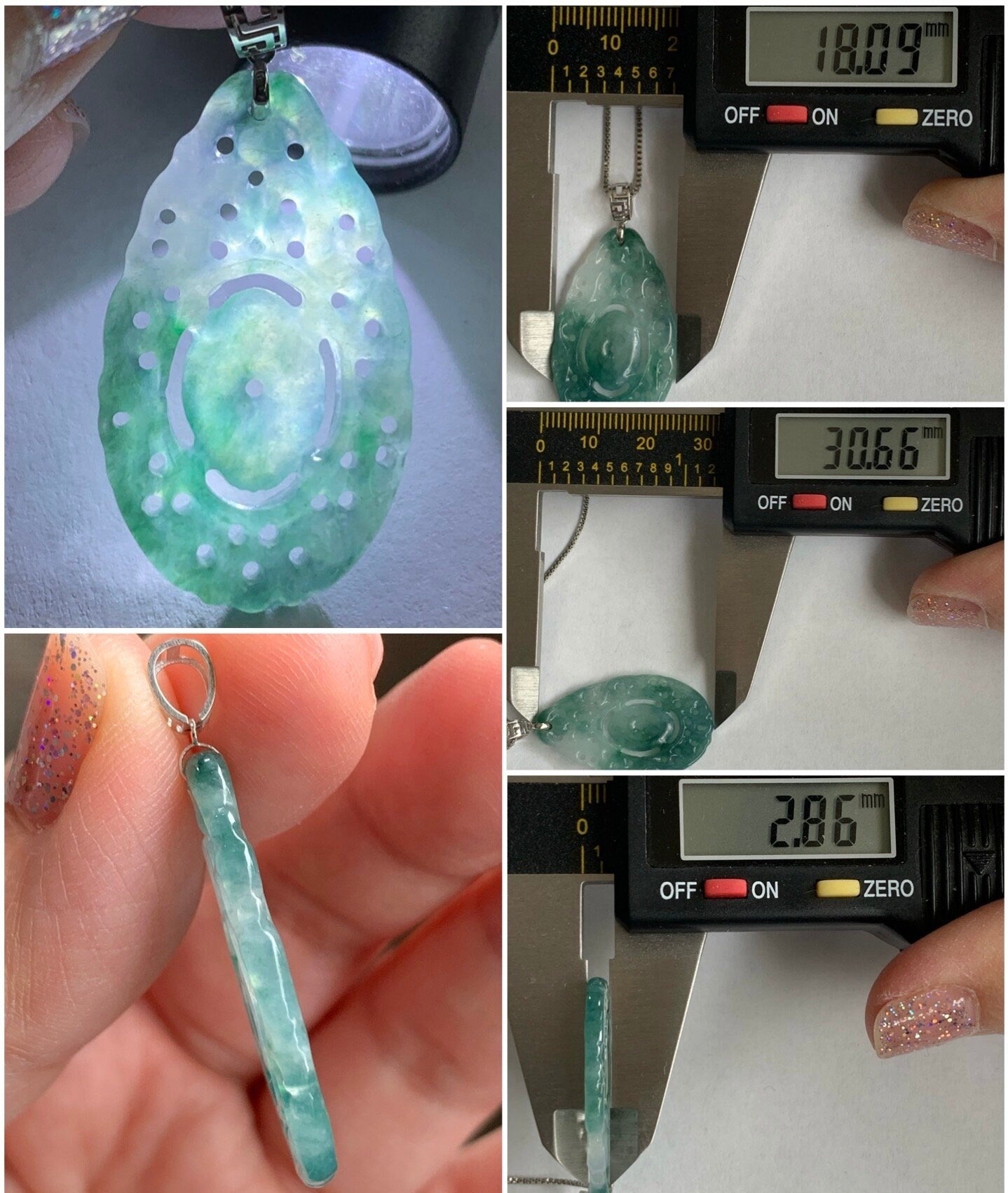 Natural Burmese Icy Translucent Gelatinous Teal Green Marbled Jadeite Engraved Teardrop Pendant 18K White Gold Bail 天然缅甸冰胶飘蓝花翡翠仿古雕水滴镶嵌吊坠