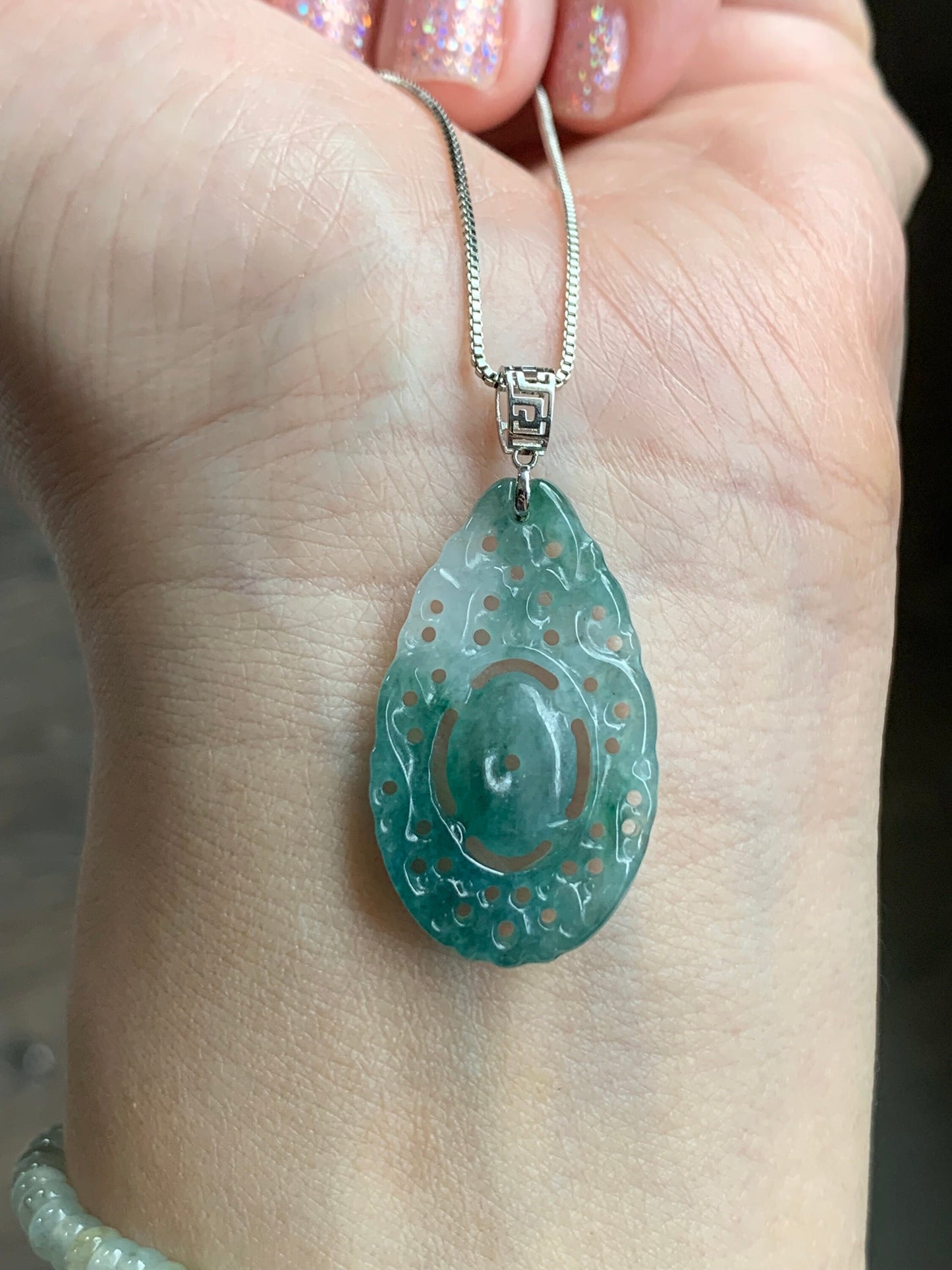 Natural Burmese Icy Translucent Gelatinous Teal Green Marbled Jadeite Engraved Teardrop Pendant 18K White Gold Bail 天然缅甸冰胶飘蓝花翡翠仿古雕水滴镶嵌吊坠