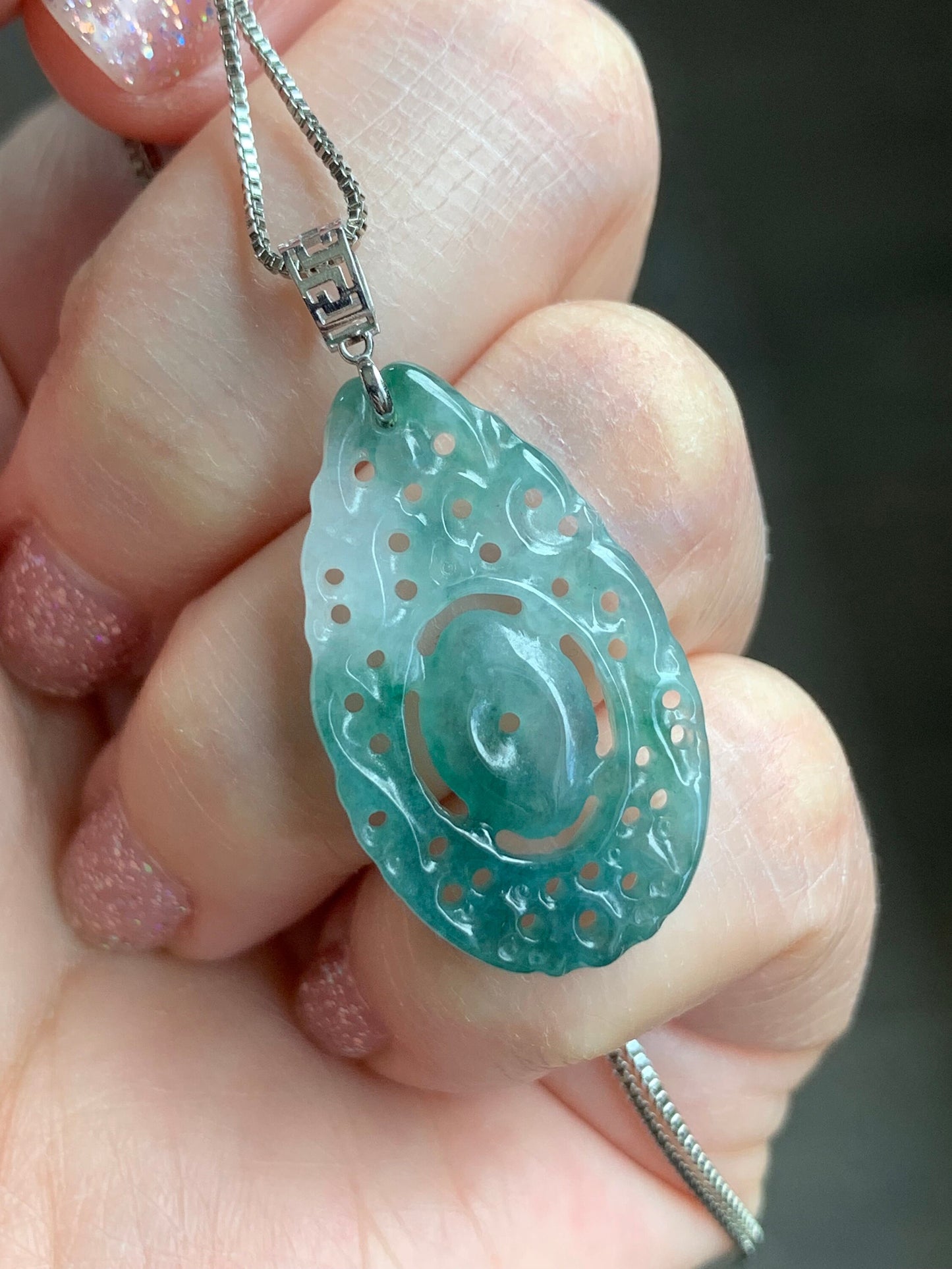 Natural Burmese Icy Translucent Gelatinous Teal Green Marbled Jadeite Engraved Teardrop Pendant 18K White Gold Bail 天然缅甸冰胶飘蓝花翡翠仿古雕水滴镶嵌吊坠