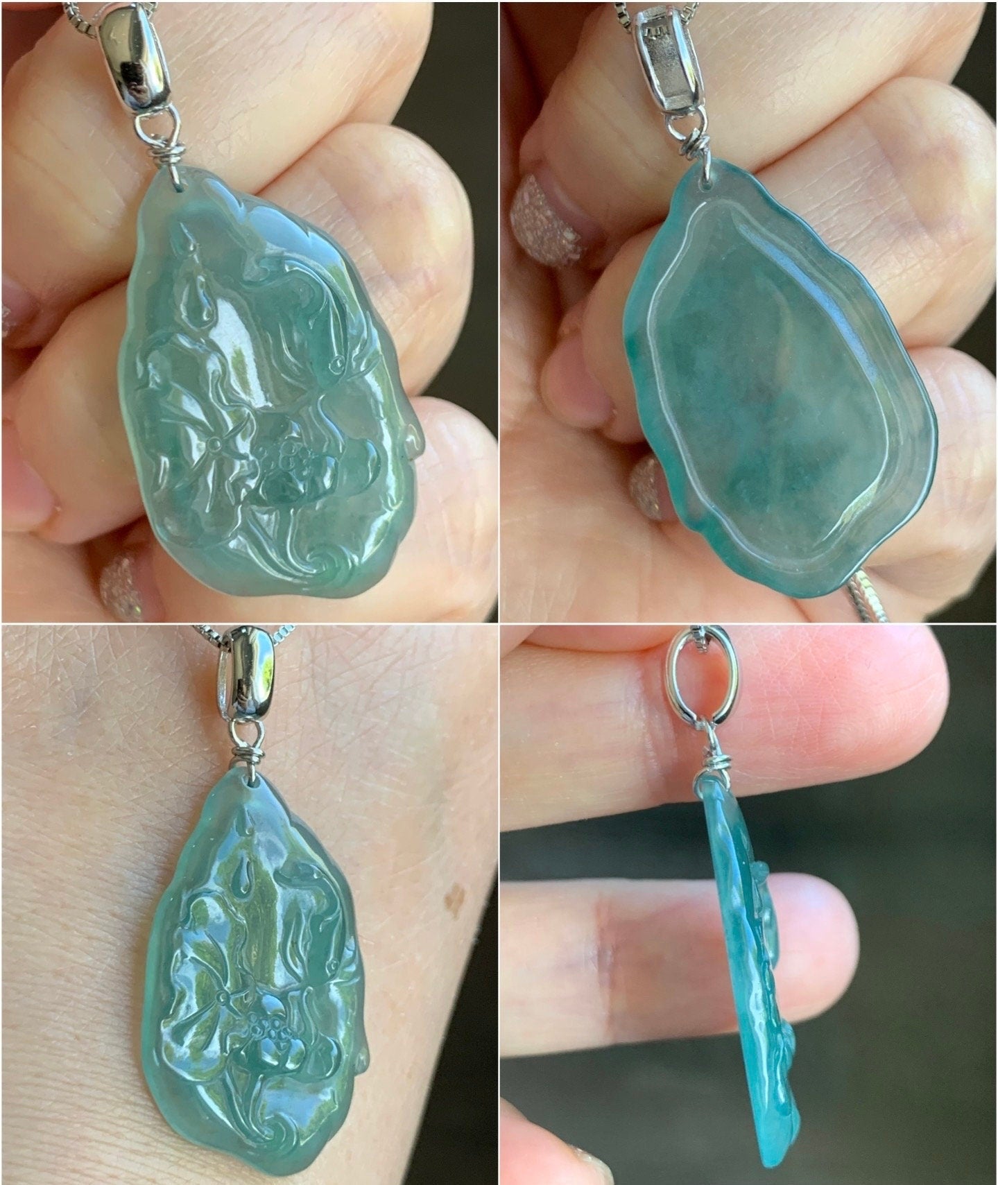Natural Guatemalan Premium Icy Highly Translucent Light Teal Green Jadeite Lotus Flower & Fish Pendant Sterling Silver 天然高冰危晴色翡翠荷花鱼吊坠