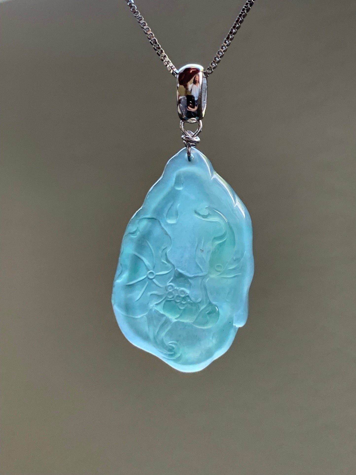 Natural Guatemalan Premium Icy Highly Translucent Light Teal Green Jadeite Lotus Flower & Fish Pendant Sterling Silver 天然高冰危晴色翡翠荷花鱼吊坠