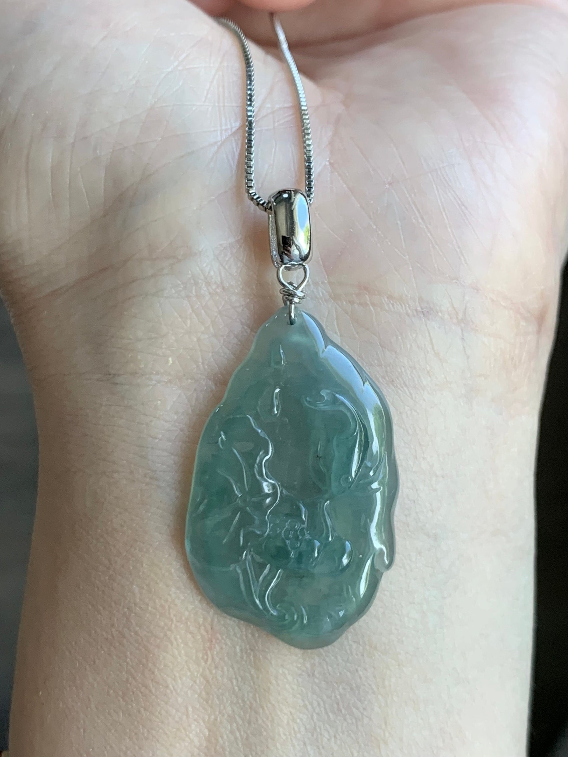 Natural Guatemalan Premium Icy Highly Translucent Light Teal Green Jadeite Lotus Flower & Fish Pendant Sterling Silver 天然高冰危晴色翡翠荷花鱼吊坠