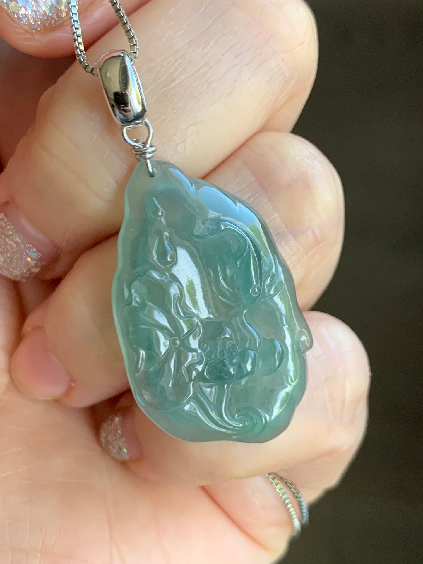 Natural Guatemalan Premium Icy Highly Translucent Light Teal Green Jadeite Lotus Flower & Fish Pendant Sterling Silver 天然高冰危晴色翡翠荷花鱼吊坠
