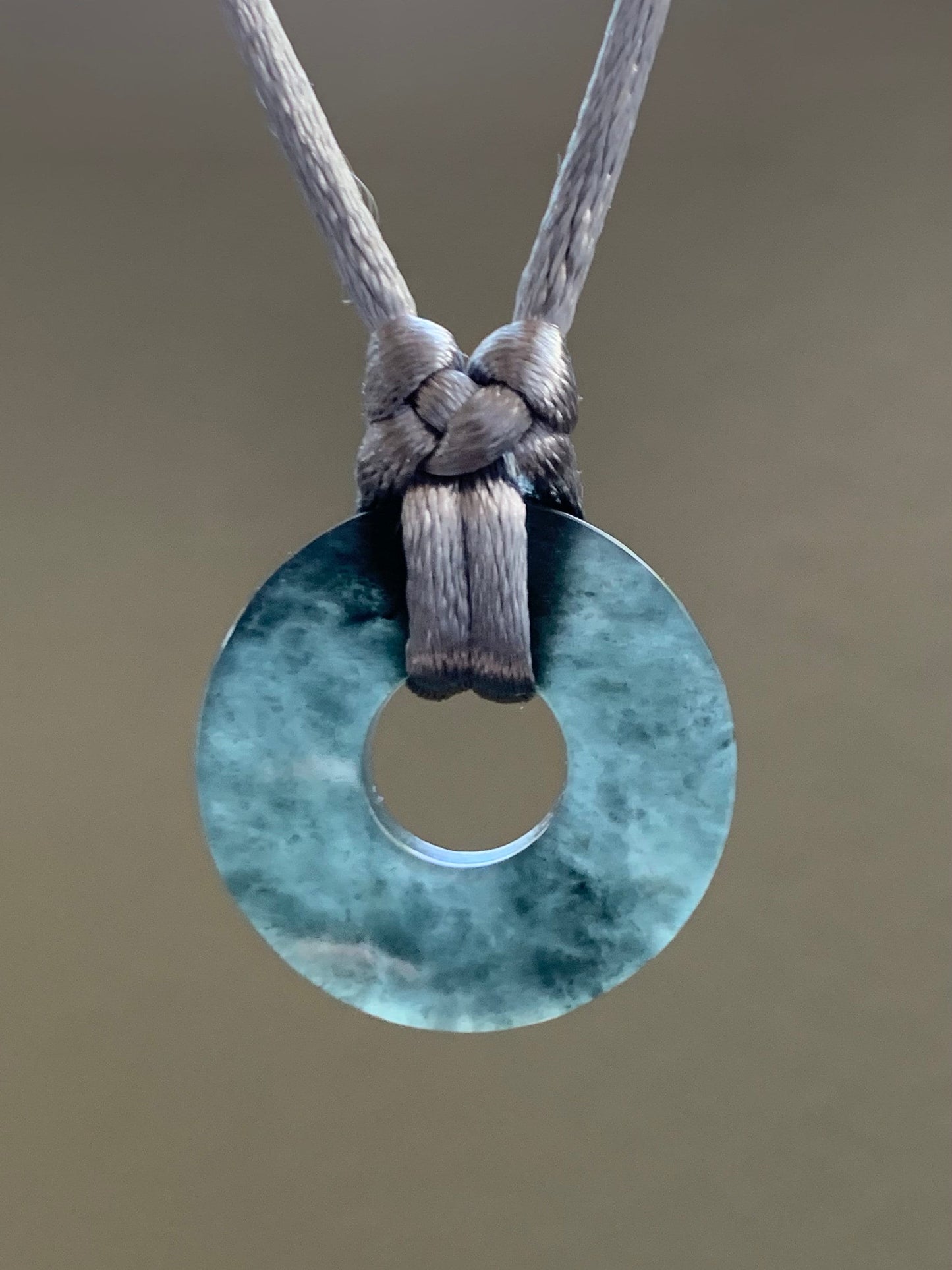 Natural Guatemalan Icy Translucent Gelatinous Wuji Jadeite Flat Ping An Kou Donut Pendant Rope Necklace Adjustable 26” 天然冰危胶乌鸡翡翠平扣吊坠