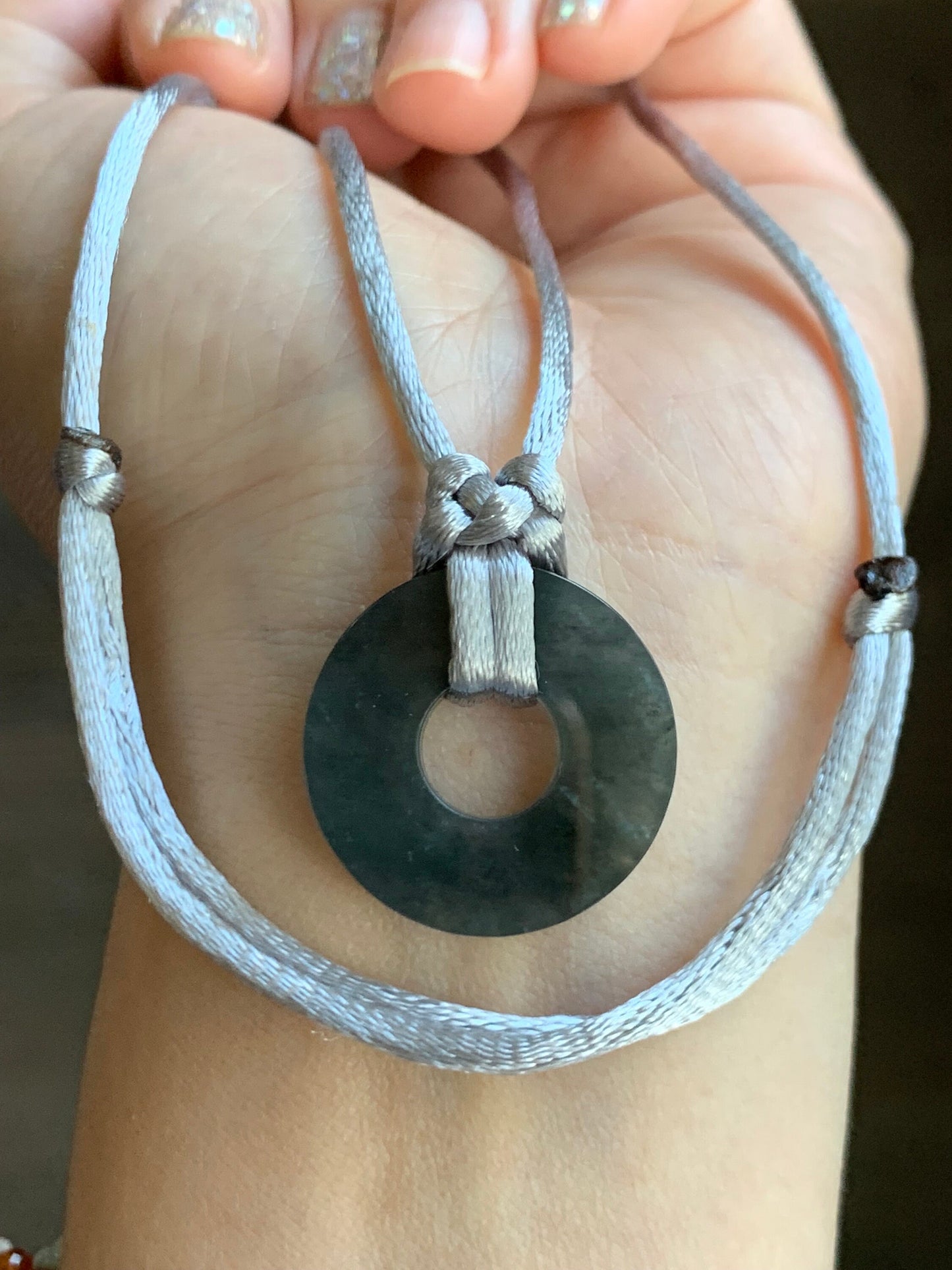 Natural Guatemalan Icy Translucent Gelatinous Wuji Jadeite Flat Ping An Kou Donut Pendant Rope Necklace Adjustable 26” 天然冰危胶乌鸡翡翠平扣吊坠