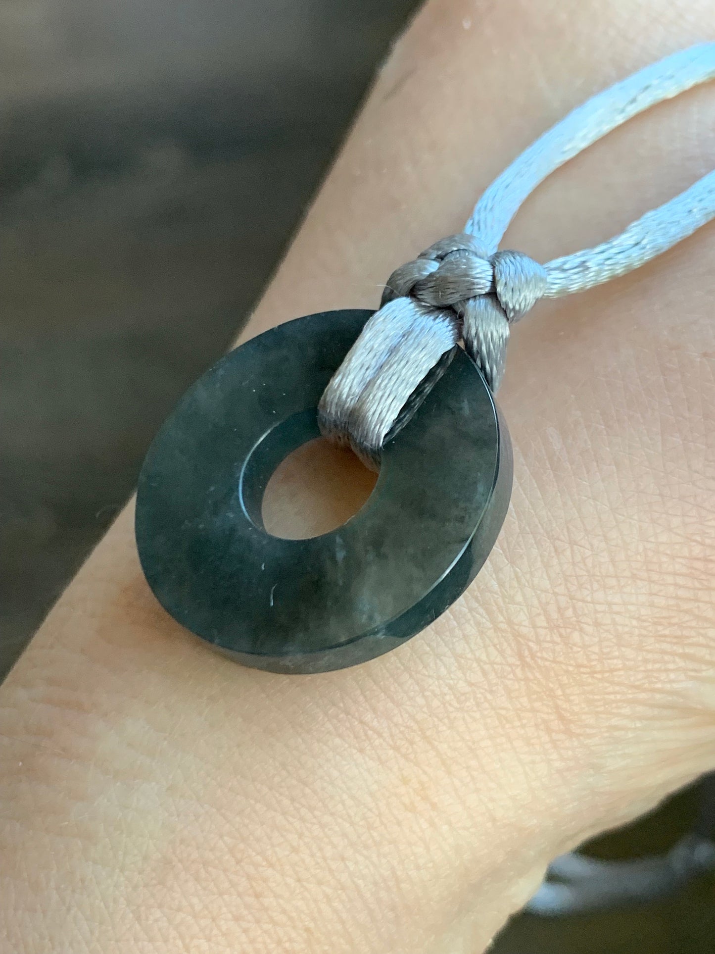 Natural Guatemalan Icy Translucent Gelatinous Wuji Jadeite Flat Ping An Kou Donut Pendant Rope Necklace Adjustable 26” 天然冰危胶乌鸡翡翠平扣吊坠