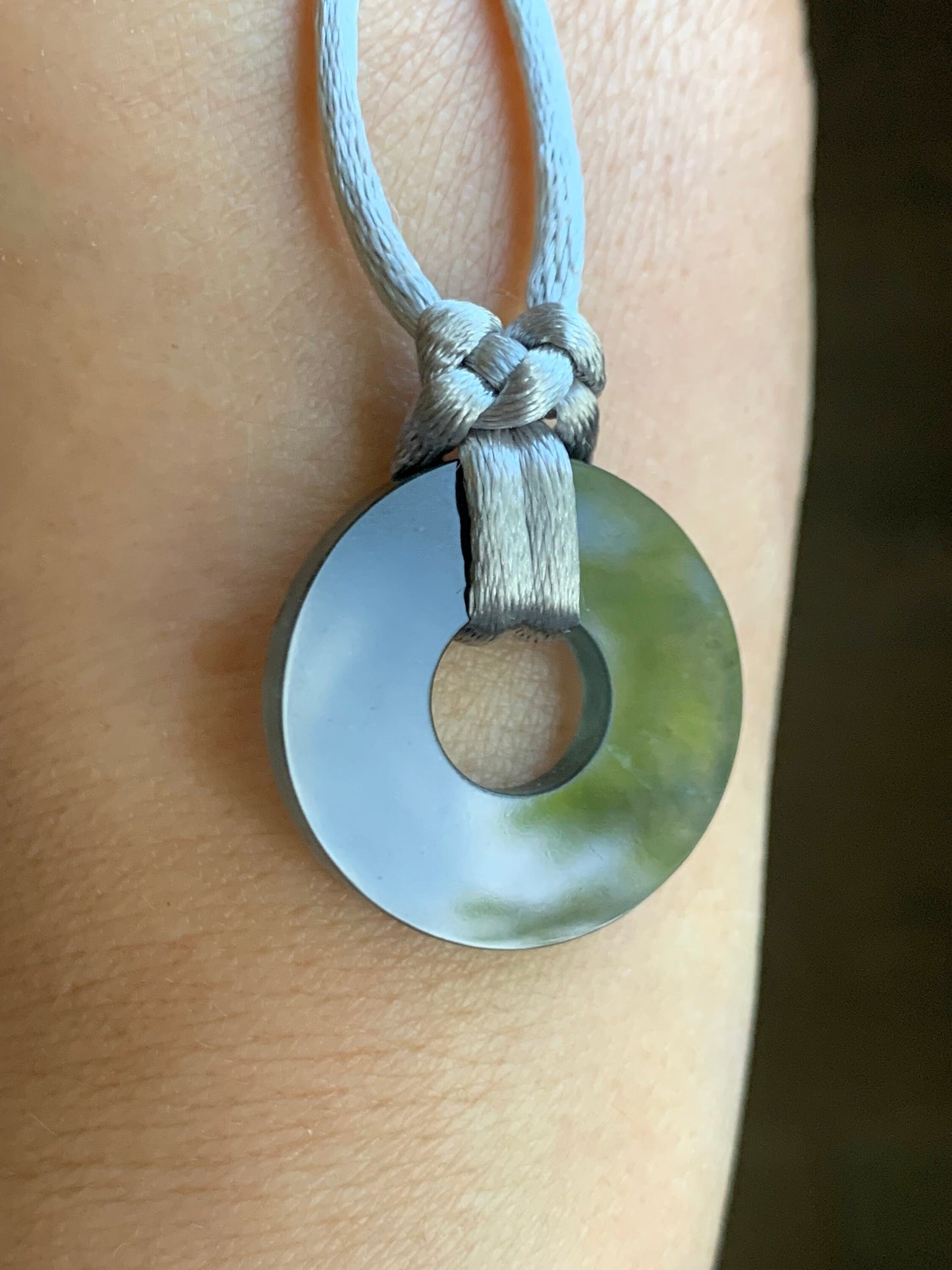 Natural Guatemalan Icy Translucent Gelatinous Wuji Jadeite Flat Ping An Kou Donut Pendant Rope Necklace Adjustable 26” 天然冰危胶乌鸡翡翠平扣吊坠
