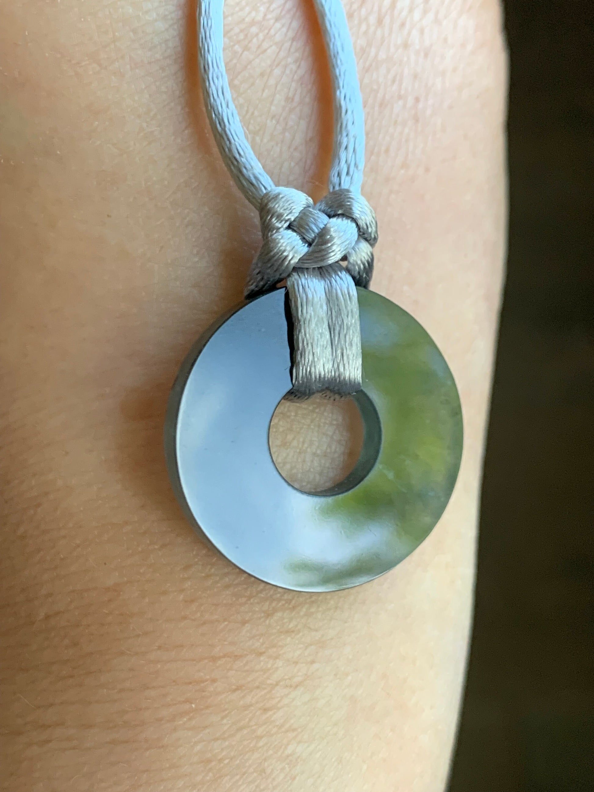 Natural Guatemalan Icy Translucent Gelatinous Wuji Jadeite Flat Ping An Kou Donut Pendant Rope Necklace Adjustable 26” 天然冰危胶乌鸡翡翠平扣吊坠