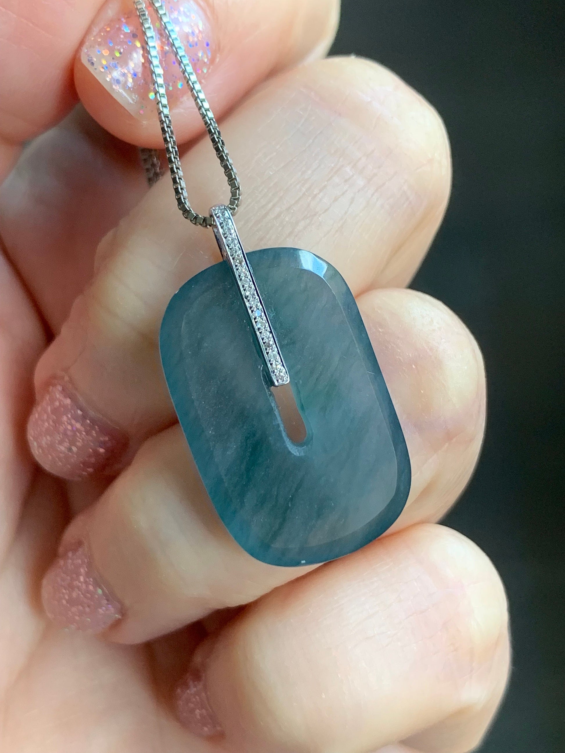 Certified Natural Guatemalan Icy Highly Translucent Blue Jadeite Ping An Kou Donut Pendant 18K White Gold & Diamond 天然高冰危深蓝翡翠平安扣镶嵌吊坠 7051