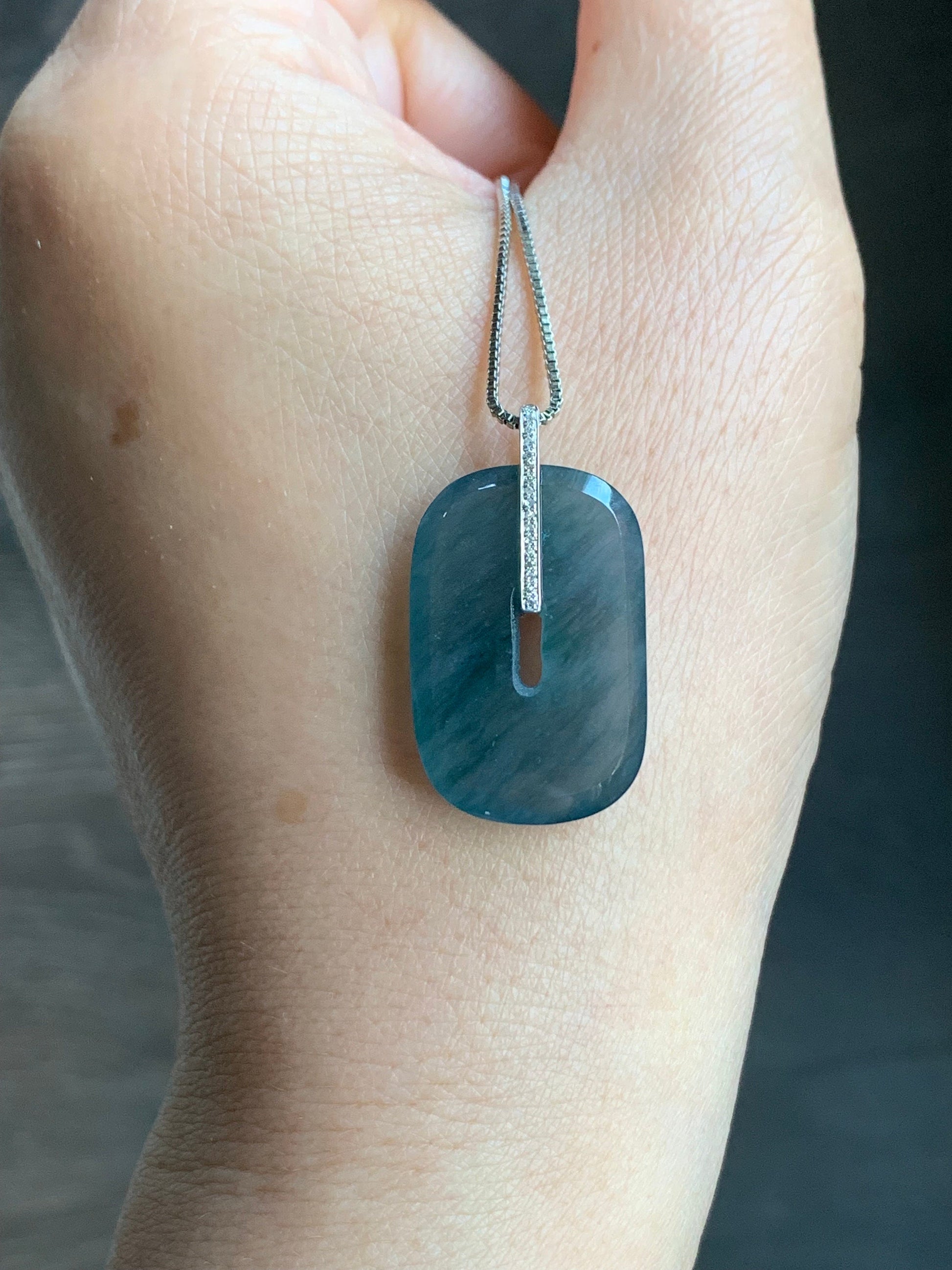 Certified Natural Guatemalan Icy Highly Translucent Blue Jadeite Ping An Kou Donut Pendant 18K White Gold & Diamond 天然高冰危深蓝翡翠平安扣镶嵌吊坠 7051