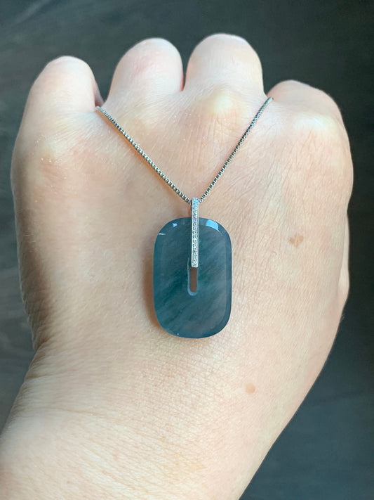 Certified Natural Guatemalan Icy Highly Translucent Blue Jadeite Ping An Kou Donut Pendant 18K White Gold & Diamond 天然高冰危深蓝翡翠平安扣镶嵌吊坠 7051