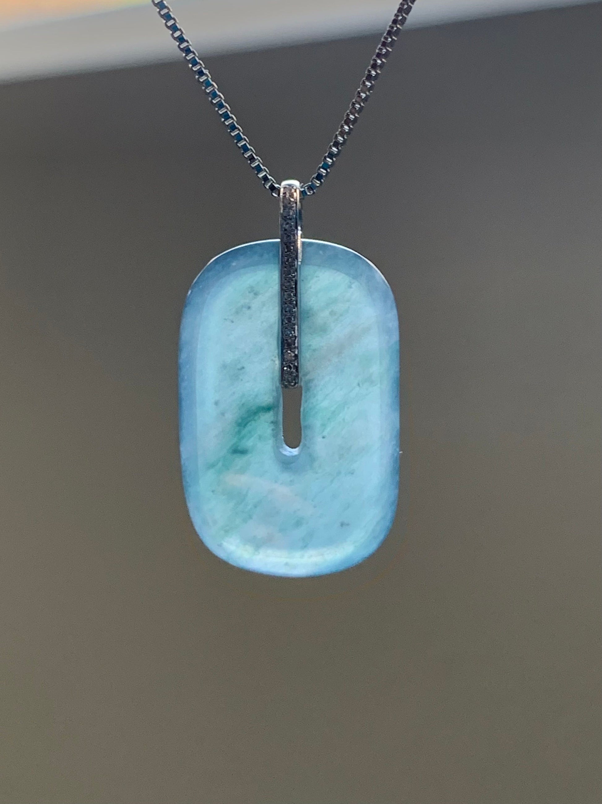 Certified Natural Guatemalan Icy Highly Translucent Blue Jadeite Ping An Kou Donut Pendant 18K White Gold & Diamond 天然高冰危深蓝翡翠平安扣镶嵌吊坠 7051