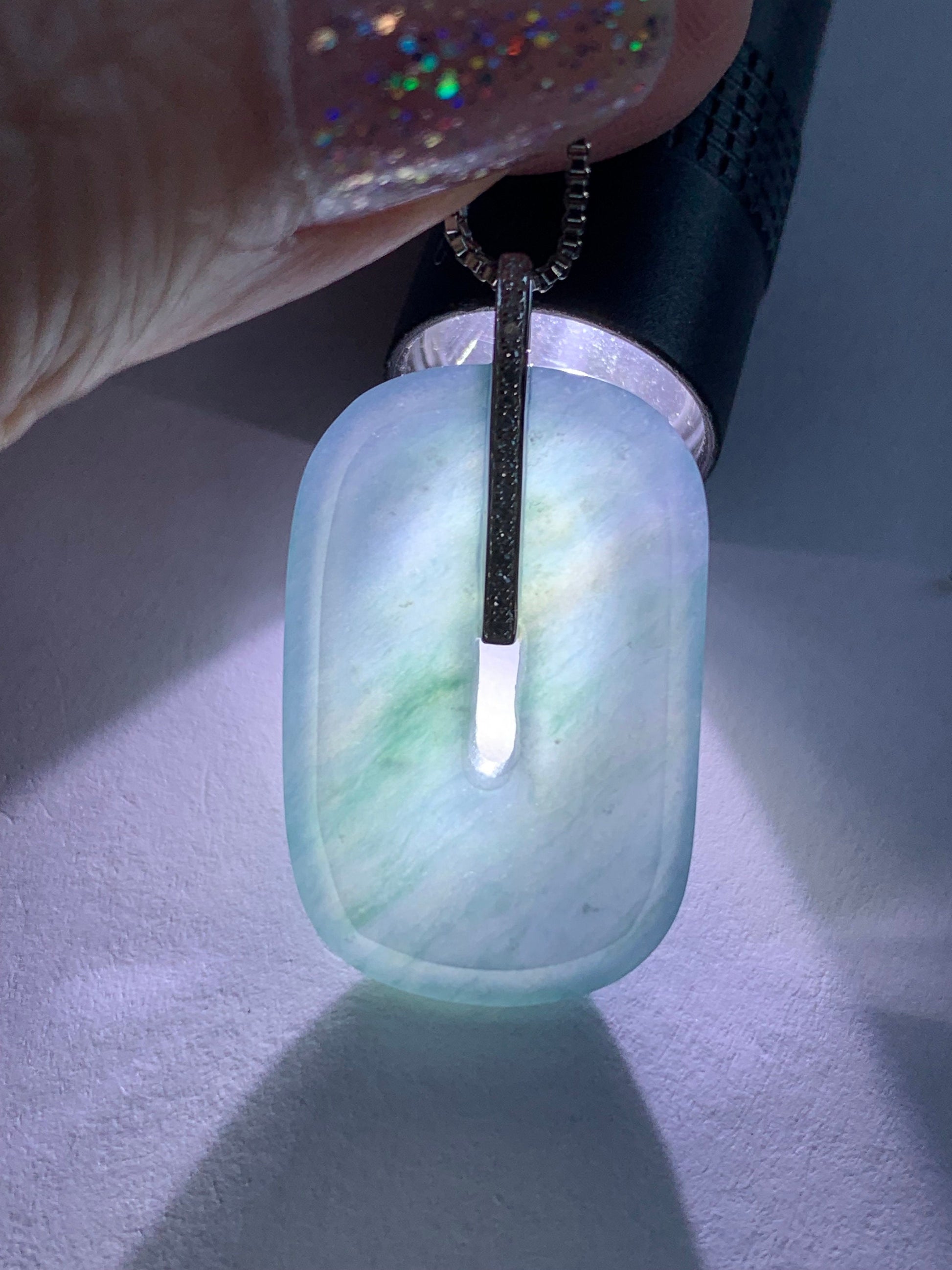 Certified Natural Guatemalan Icy Highly Translucent Blue Jadeite Ping An Kou Donut Pendant 18K White Gold & Diamond 天然高冰危深蓝翡翠平安扣镶嵌吊坠 7051