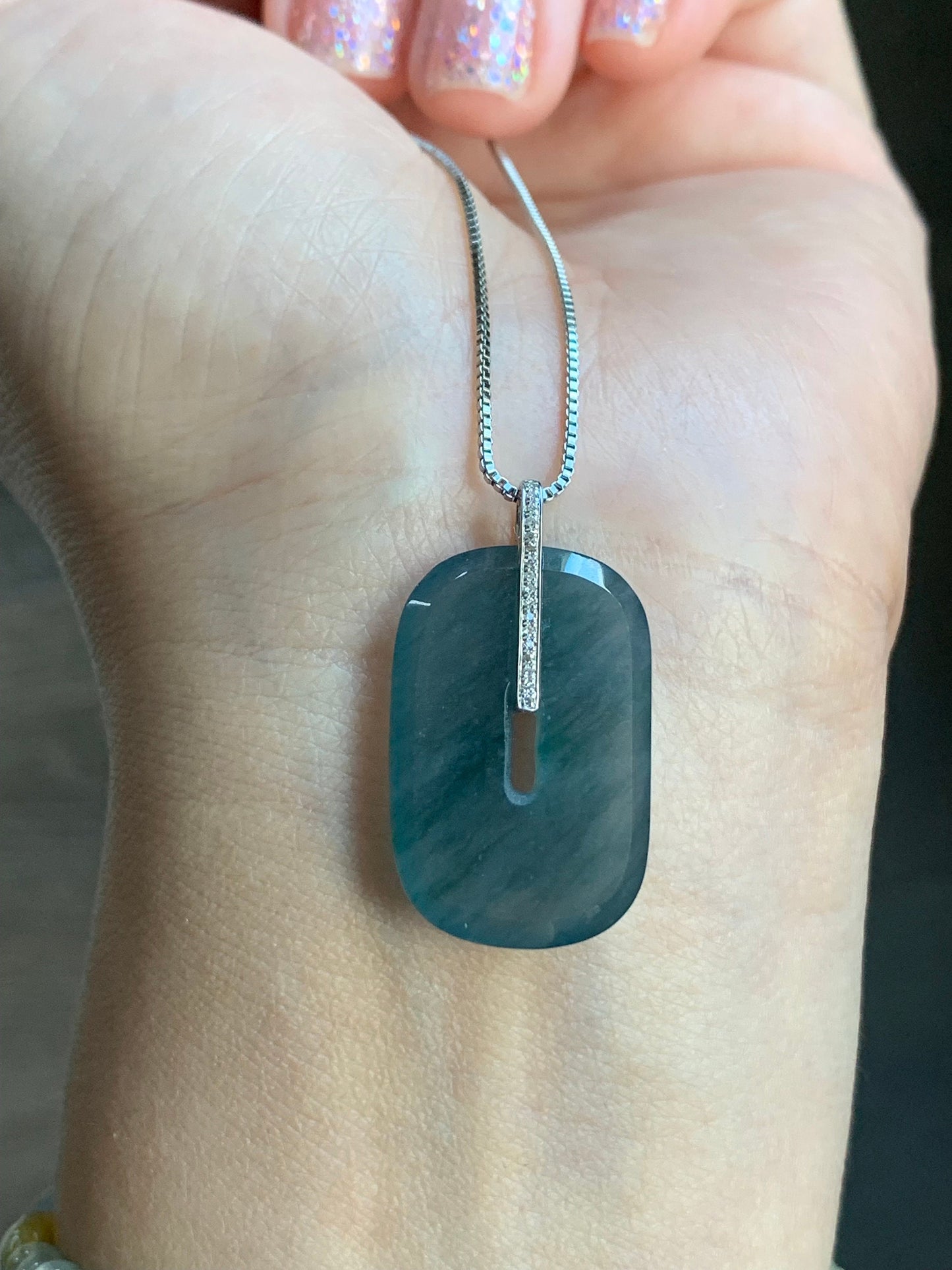 Certified Natural Guatemalan Icy Highly Translucent Blue Jadeite Ping An Kou Donut Pendant 18K White Gold & Diamond 天然高冰危深蓝翡翠平安扣镶嵌吊坠 7051