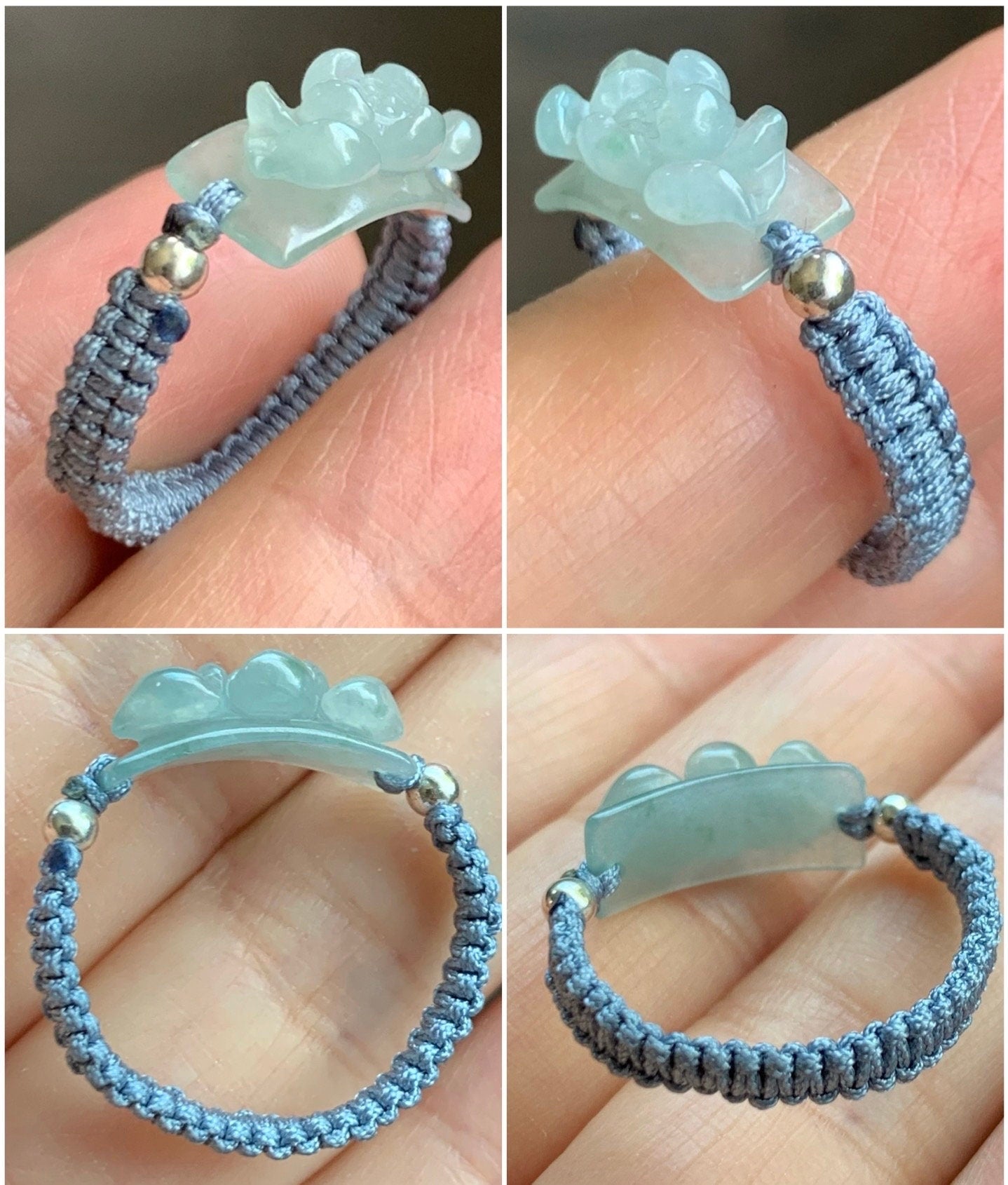 Natural Guatemalan Premium Icy Translucent Gelatinous Light Blue Jadeite Lotus Flower Rope Band Ring Sterling Silver Size 8.75 天然冰危淡蓝翡翠莲花绳戒
