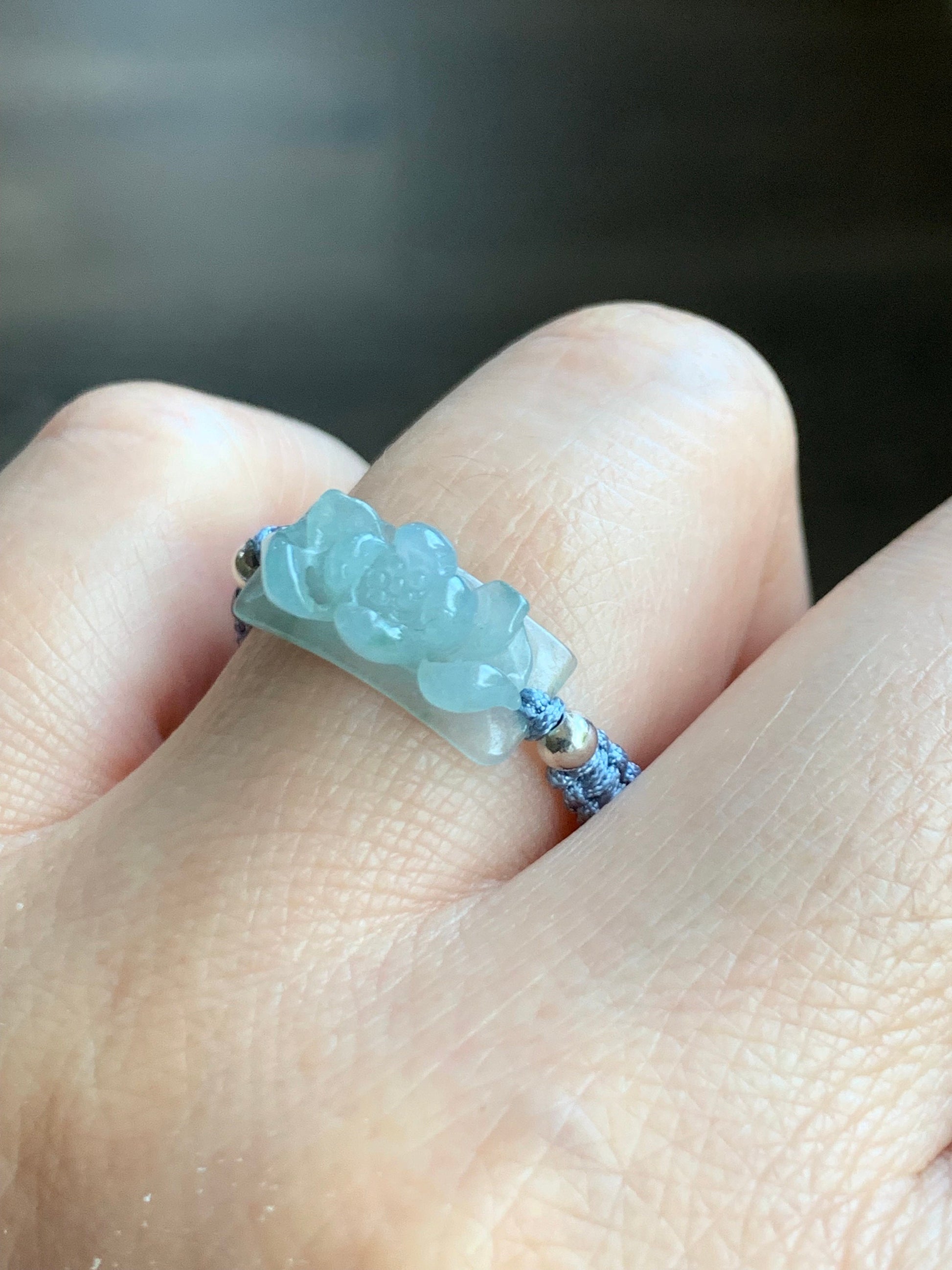 Natural Guatemalan Premium Icy Translucent Gelatinous Light Blue Jadeite Lotus Flower Rope Band Ring Sterling Silver Size 8.75 天然冰危淡蓝翡翠莲花绳戒
