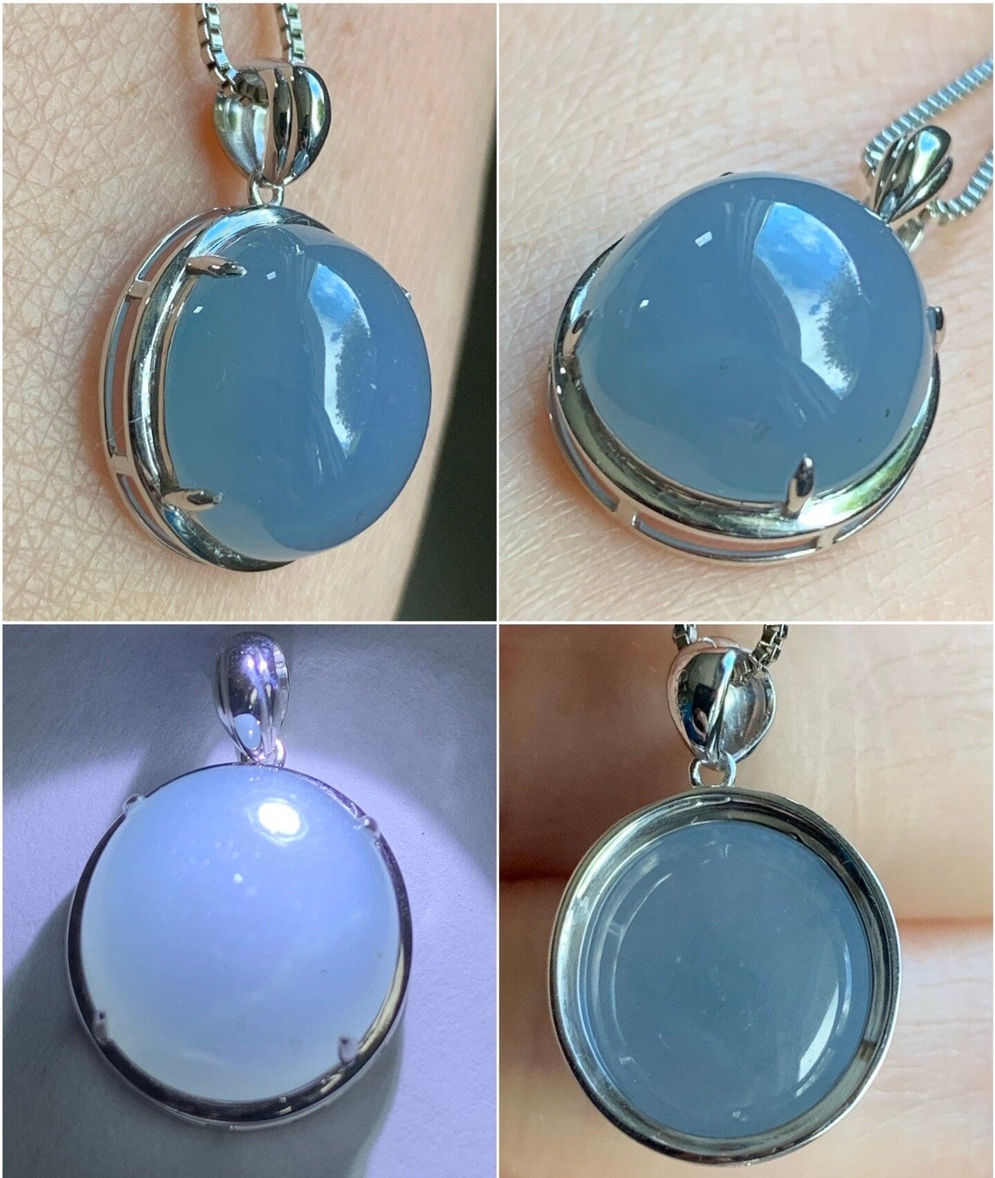 Certified Natural Guatemalan Icy Translucent Rich Blue Jadeite Large Oval Pendant 18K White Gold 天然冰危蓝紫翡翠椭圆蛋面镶嵌吊坠 7052
